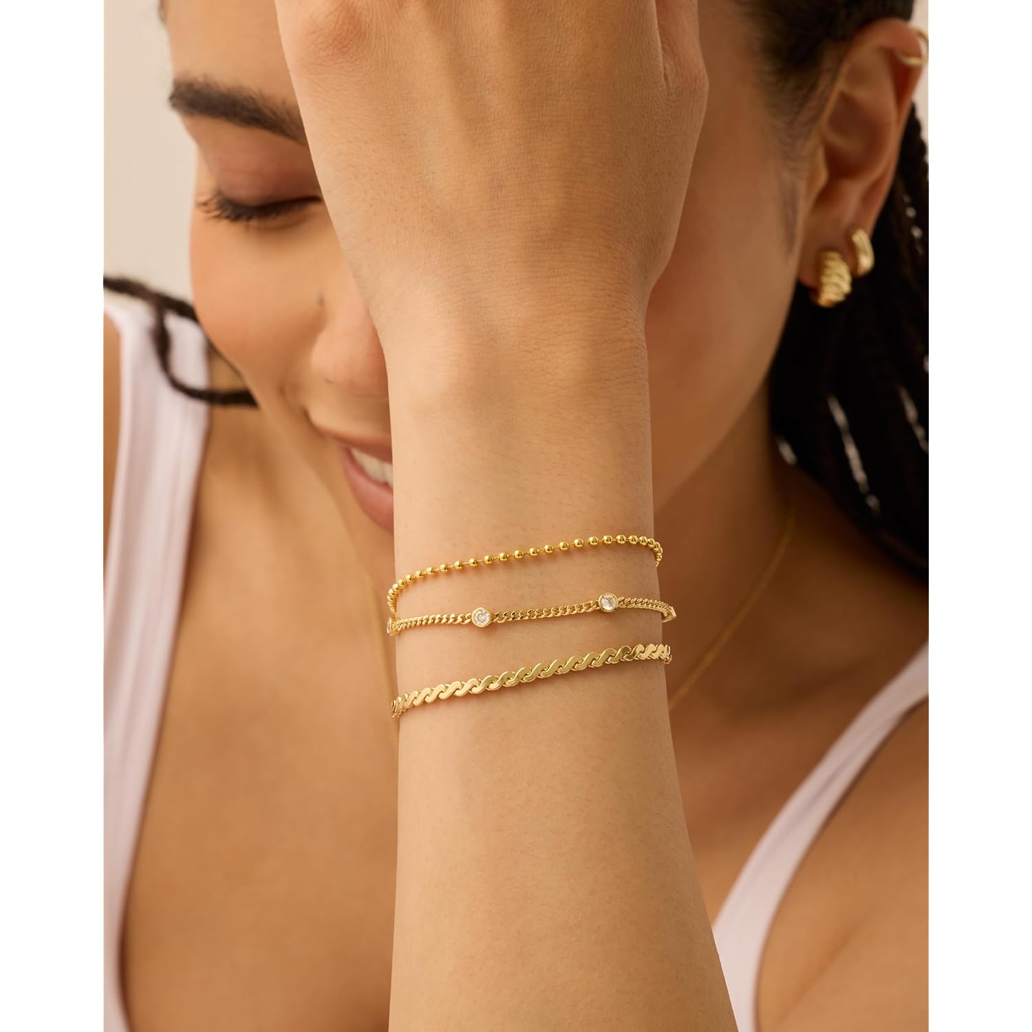 PAVOI 18K Gold Plated Chain Bracelet Pack for Women | Jewelry Set of 5 Stackable Bracelets Paperclip Snake Rope Figaro Beaded Chains