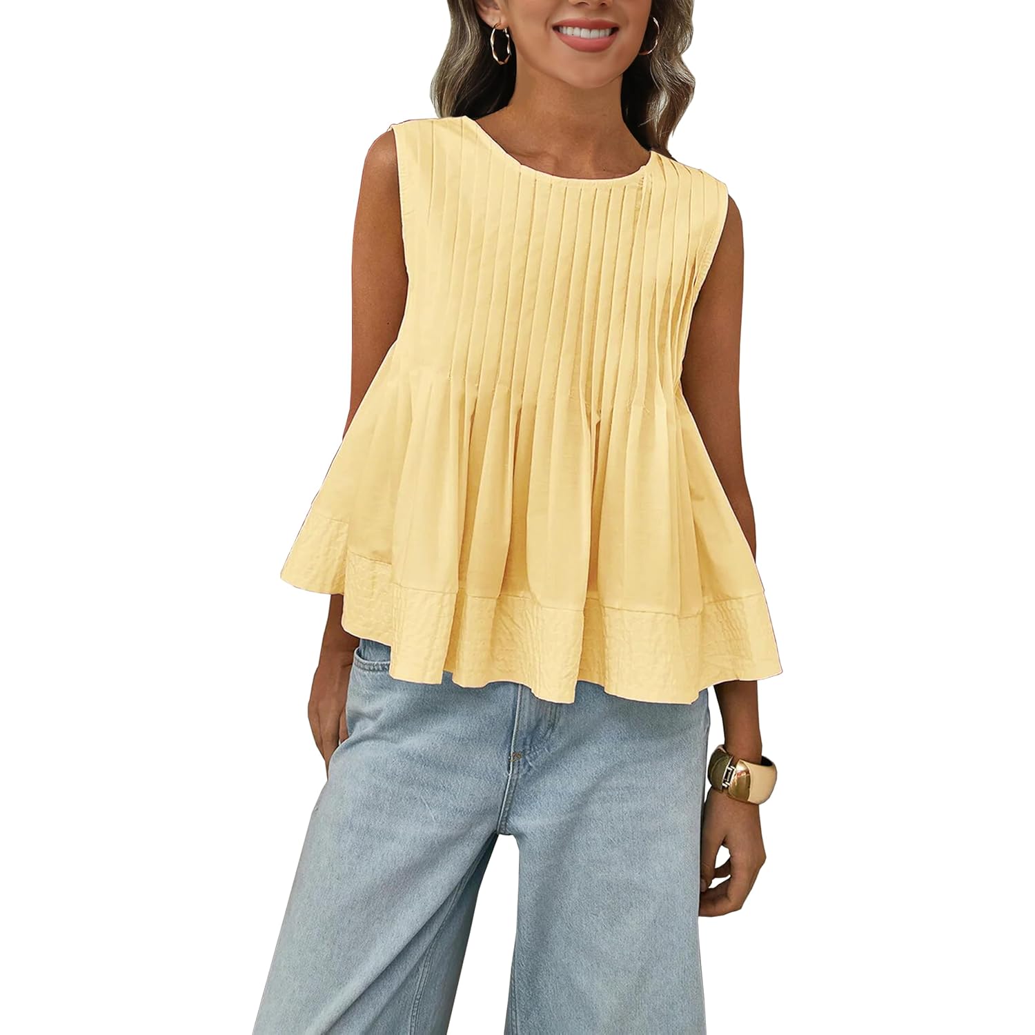 Womens Summer Pleated Peplum Sleeveless Blouse Tank Tops Round Neck Y2K Babydoll Blouse Shirt