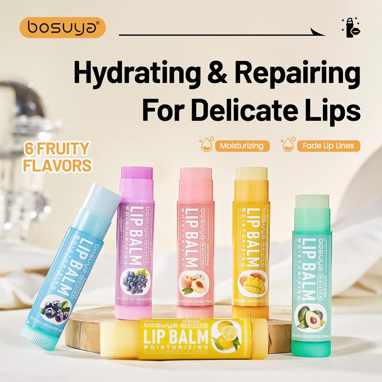 12 Pack Lip Balm Set Fruit Flavored 6Flavors Natural Lip Balm Bulk for Dry Cracked Lips Long Lasting Lip Care Products Anti Chapping Lip Moisturizers Travel Size Winter Anti-Crack Fruity