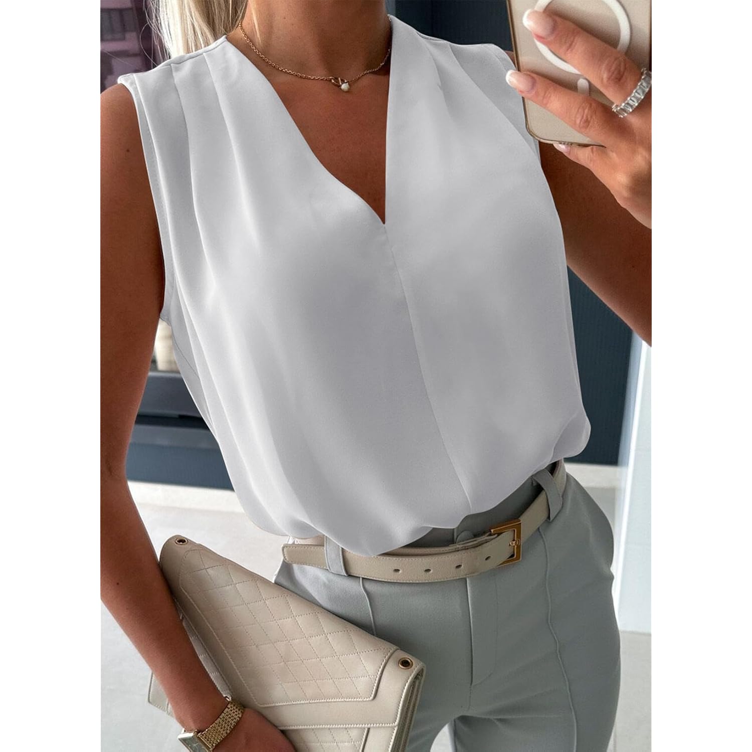 EVALESS Womens Pleated Tank Tops V Neck Casual Sleeveless Blouses Summer Basic Vest Shirt