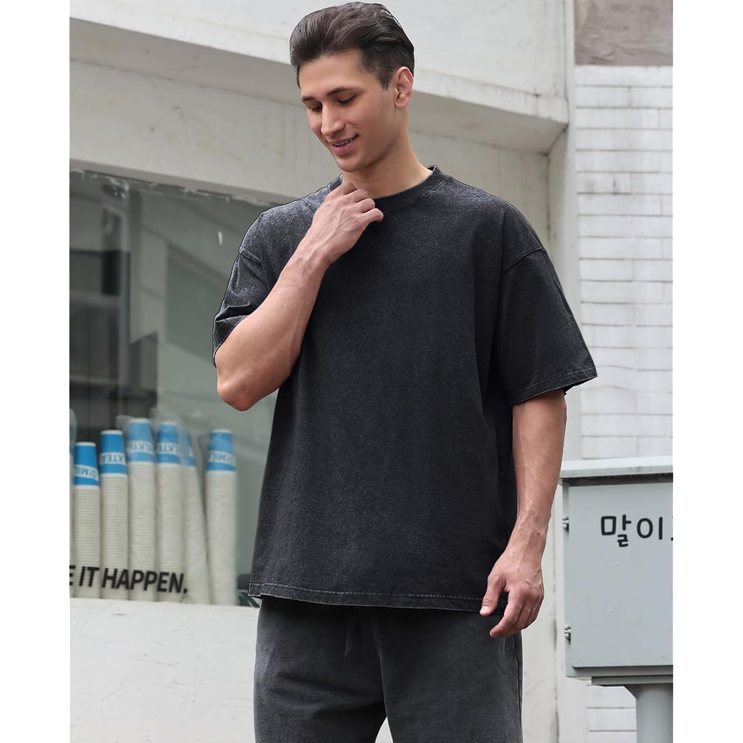 Men's Cotton T-Shirts Oversized Unisex Short Sleeves Casual Loose Wash Solid Basic Tee Tops