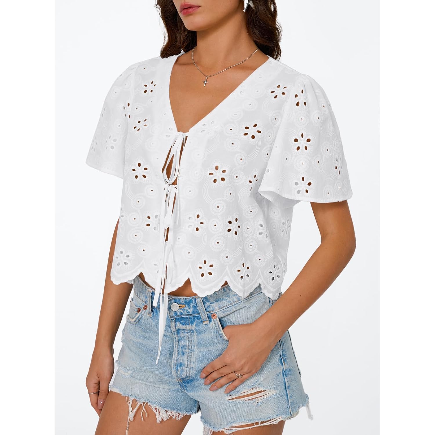 Trendy Queen Womens Tie Front Tops Summer Beach Vacation 2025 Fashion Outfits Loose Fit Blouses Eyelet Embroidered Clothes