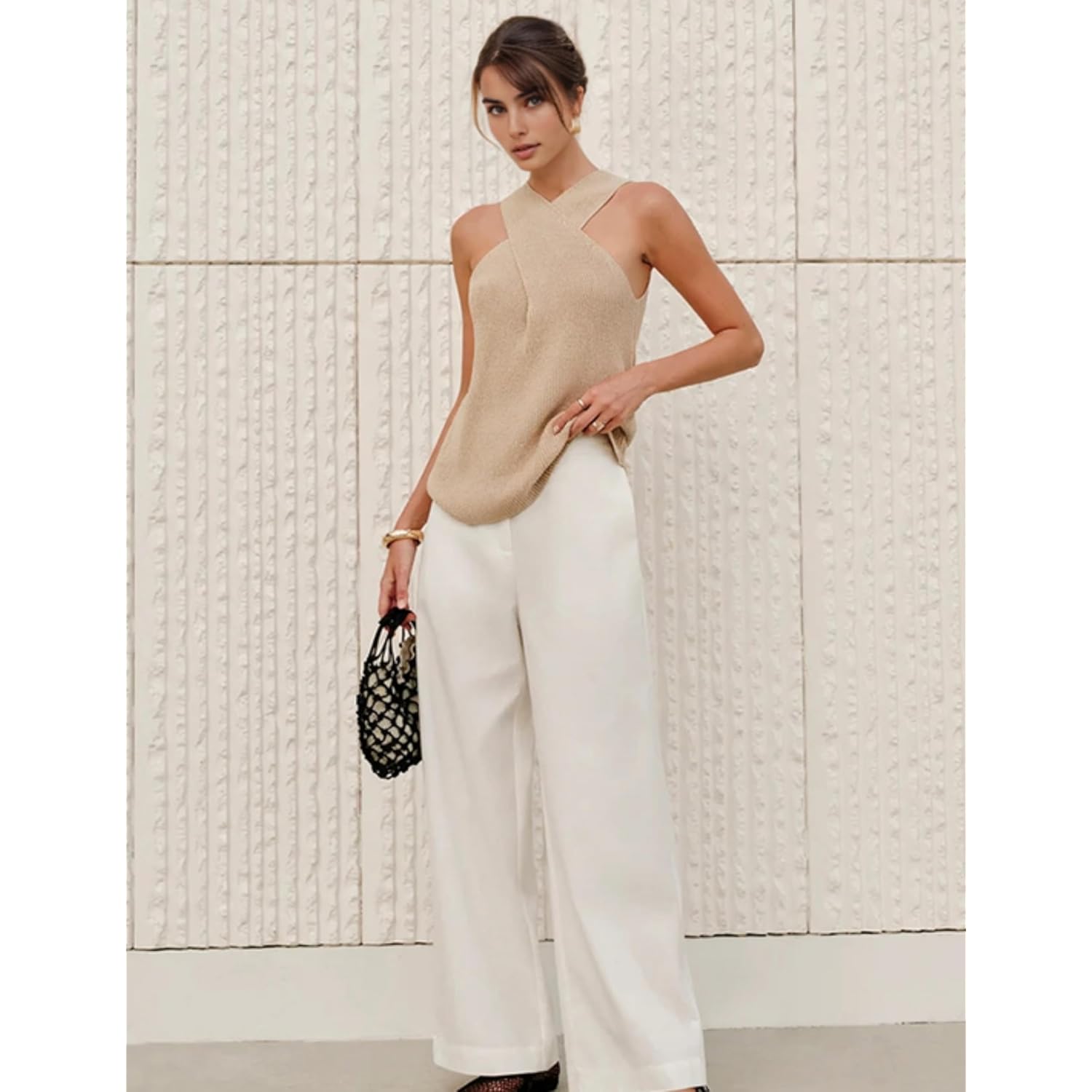 Yeokou Women Halter Cross Over Collar Tank Knit Sleeveless Top Solid Color Casual Summer Blouse