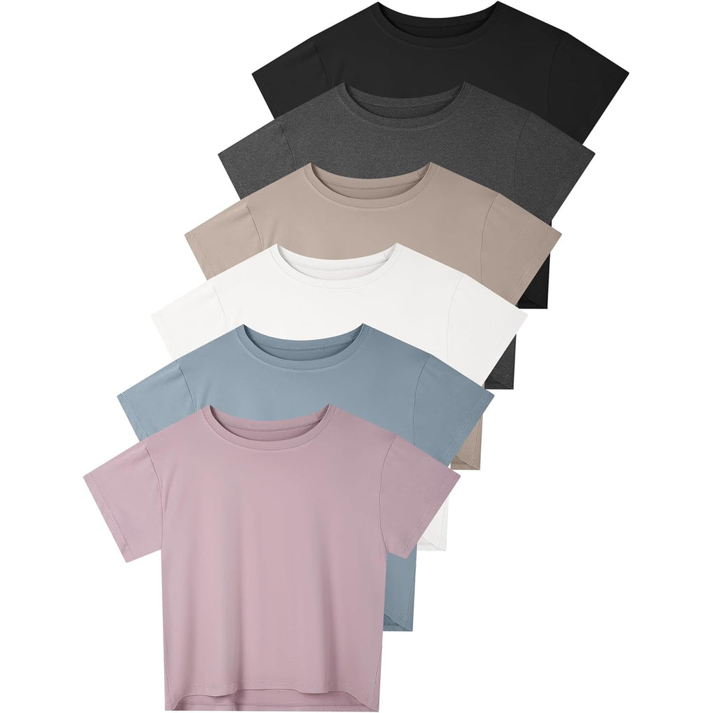 6 Pack Women's Crop Top Short Sleeve Athletic Workout Yoga Running Gym Casual Tees T-Shirts Loose Fit