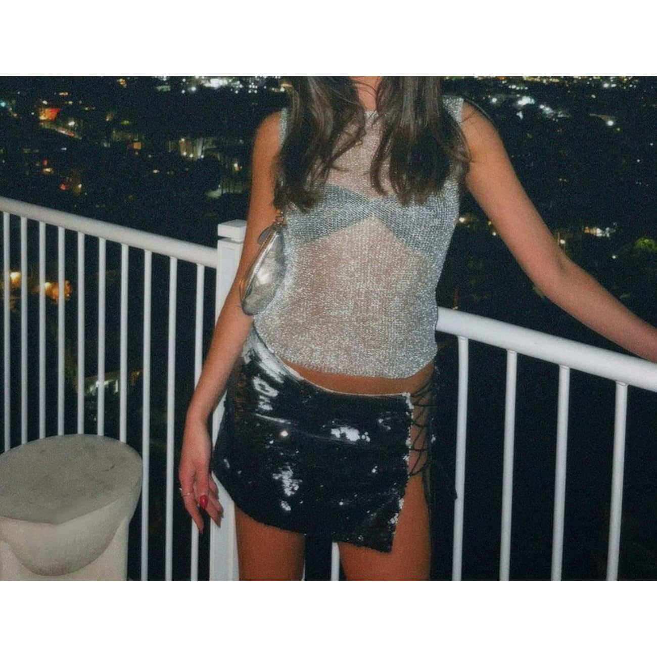 Meladyan Women Sexy Fishnet Knit Glittering Crop Tank Going Out Top Sheer Mesh Sleeveless Crewneck Solid Slim Cropped Tops