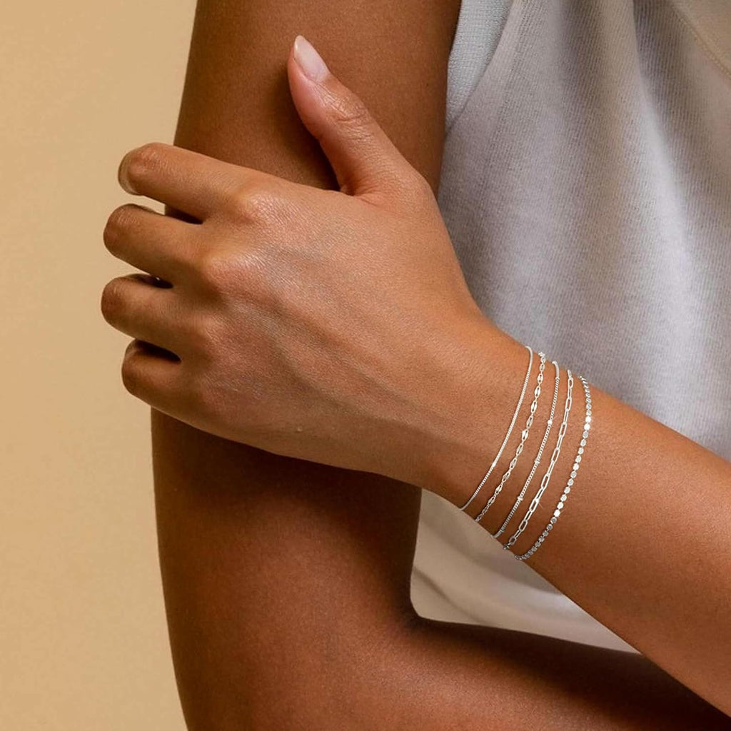 MBW Silver Bracelet Set - Dainty 14K Silver Bracelets, Waterproof, Trendy Minimalist, Small Thin Bracelets for Women, Gift
