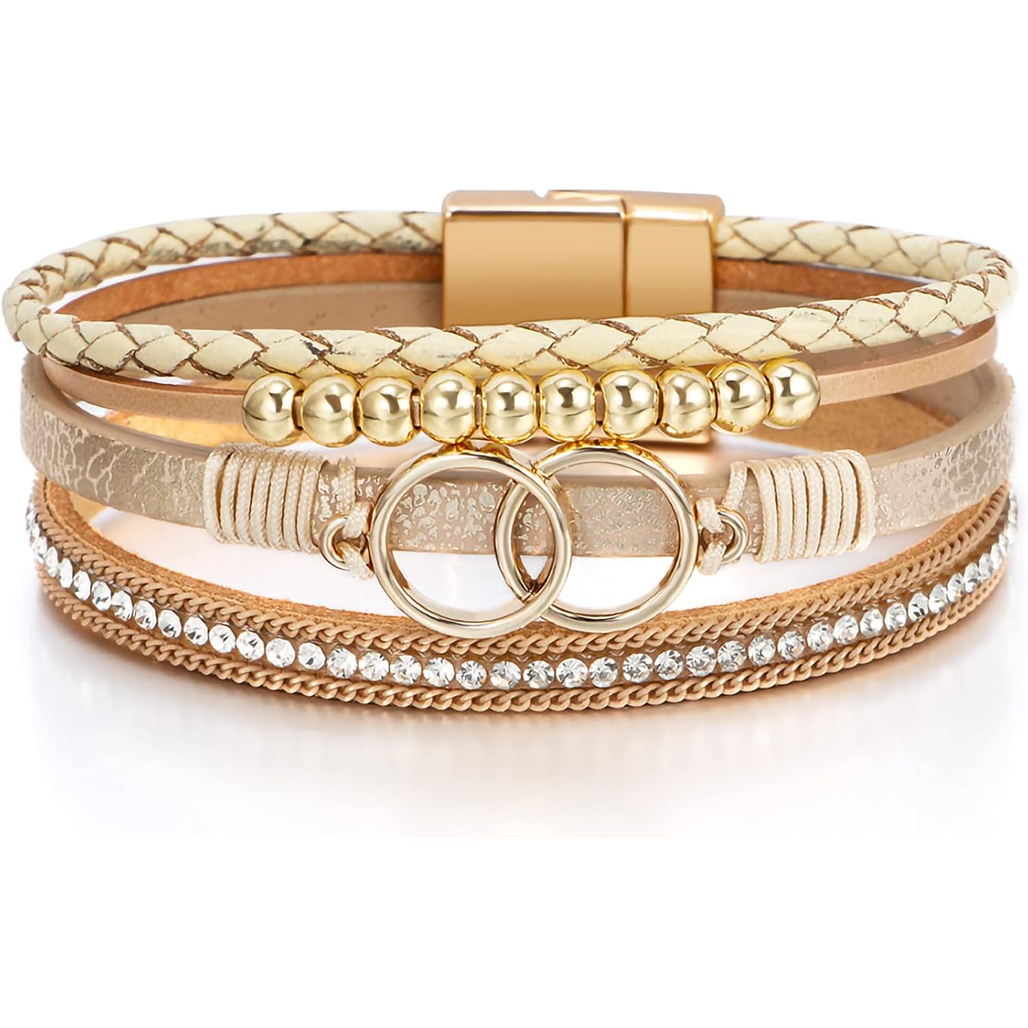 Fesciory Leopard Bracelet for Women, Boho Leather Wrap Multi-Layer Pearl Crystal Bracelet Bangle Jewelry