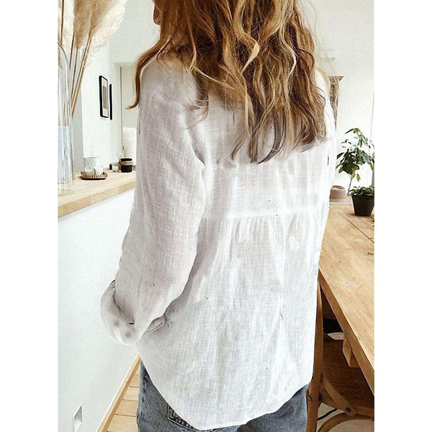 Astylish Womens V Neck Roll up Sleeve Button Down Blouses Tops