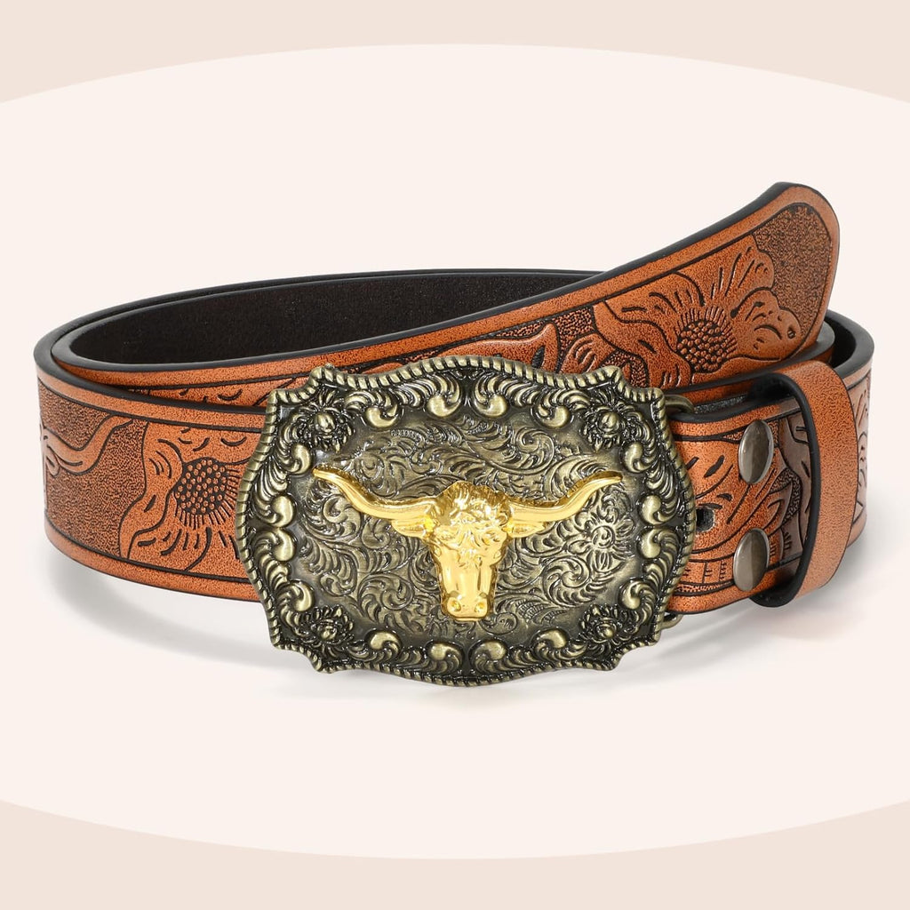 Women Men Western Belts Cowboy Cowgirl Country Belt Longhorn Bull Buckle Floral Embossed Belt for Jeans Dresses