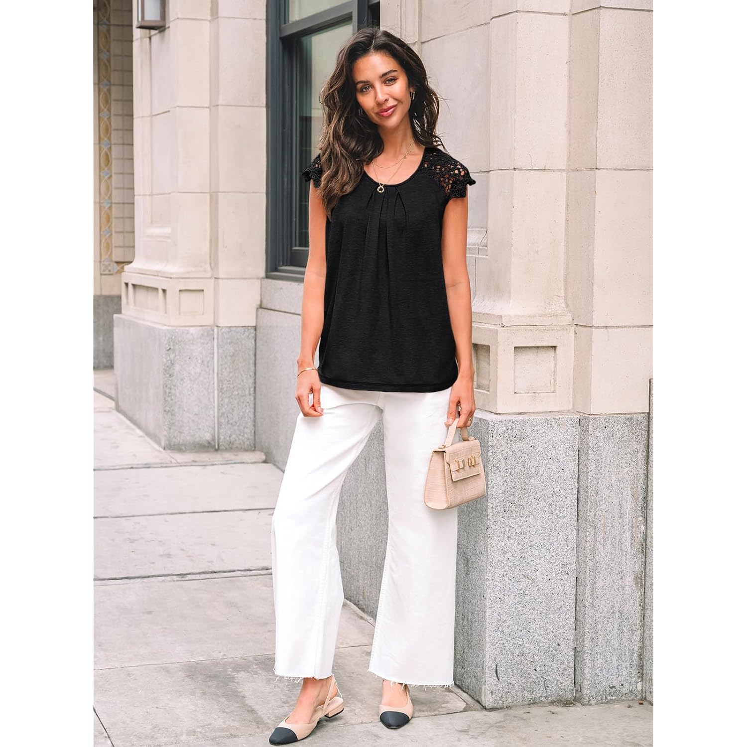 AUTOMET Womens Lace Tops Pleated Short Sleeve Shirts Summer Business Casual Dressy Blouses