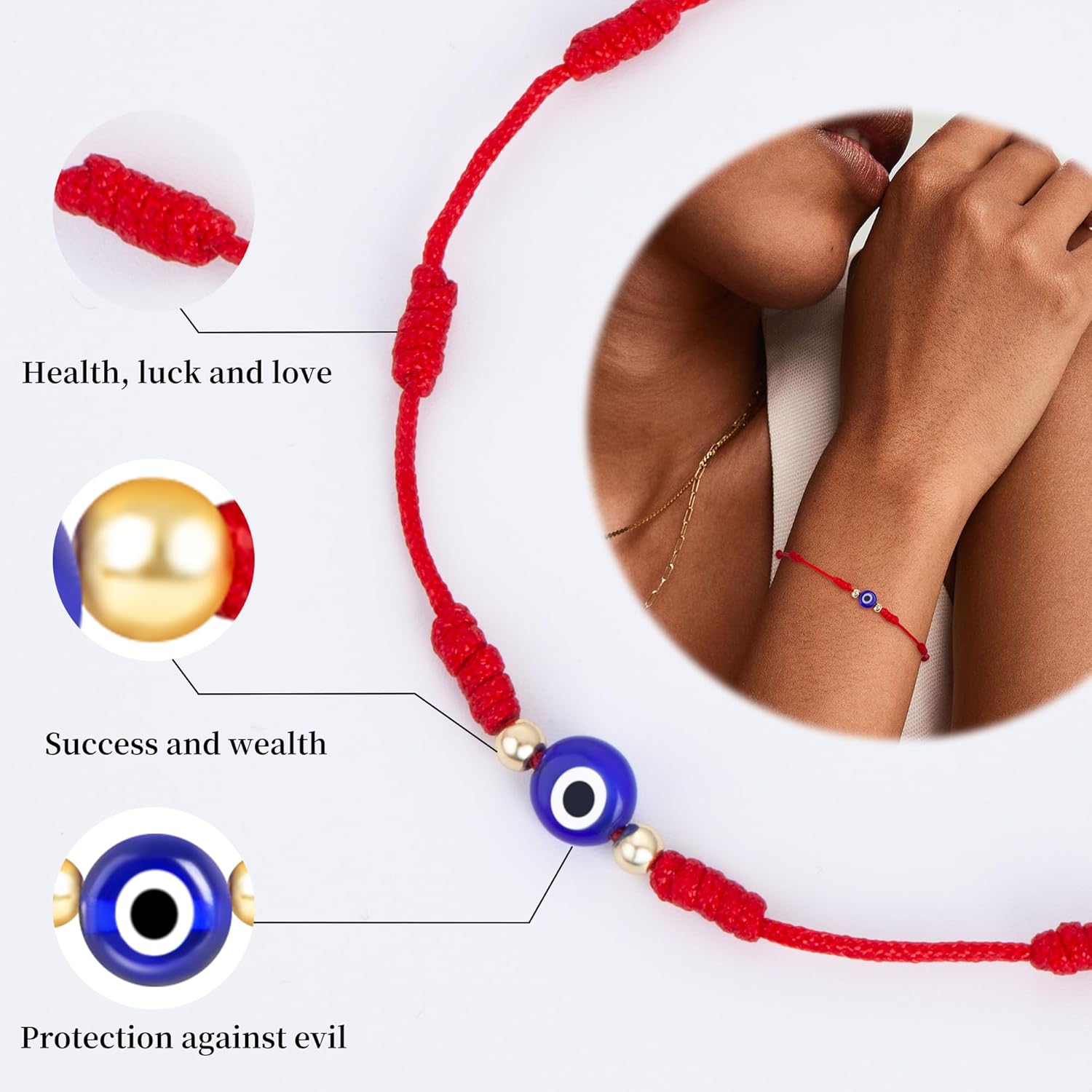 9pcs Evil Eye 7 Knot Lucky Bracelets, Rakhi for Brother and Bhabhi Adjustable Red String Amulet for Women Men with Gold Bead, Protection Jewelry Hand Bracelet