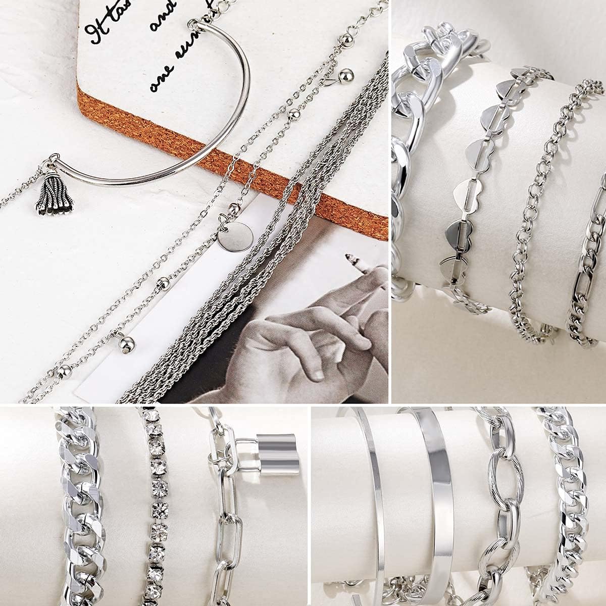17IF 18-25 PCS(6 Pack) Boho Gold Bracelets Set for Women Stackable Chunky Dainty Bangles Adjustable Chain Flat Cuff Cuban Punk Charm Bundle Jewelry