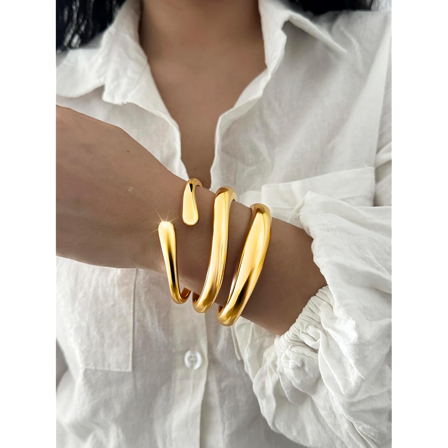 Chunky Gold Bangles for Women, 14k Gold Plated Twisted Hinged Stackable Bangle Bracelet Set, Trendy Cuff Bracelet Stack Fashion Jewelry Gifts
