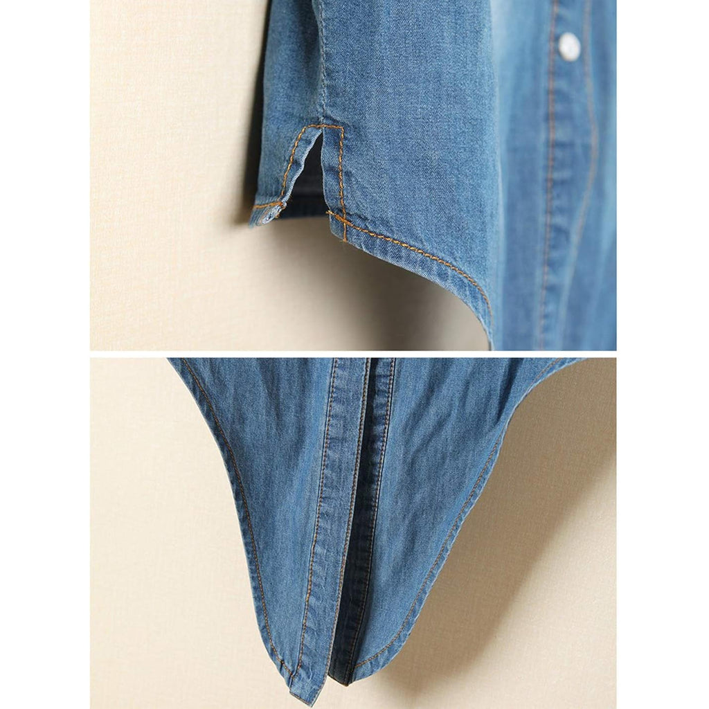 AMEBELLE Women's Roll Up 3/4 Sleeve Tie Front Knot Shirt Chambray Denim Crop Top