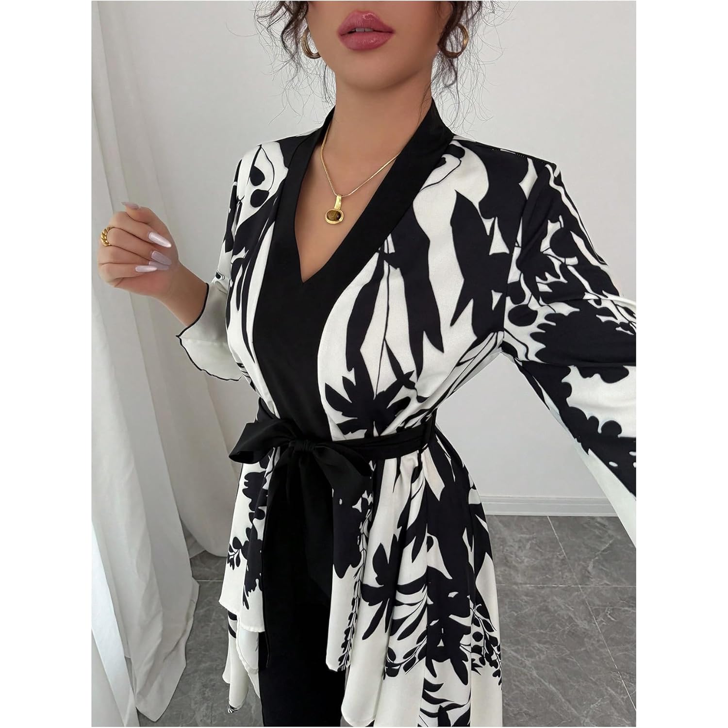 MakeMeChic Women's Floral Bell Sleeve Blouse V Neck High Low Tie Front Work Dressy Tops