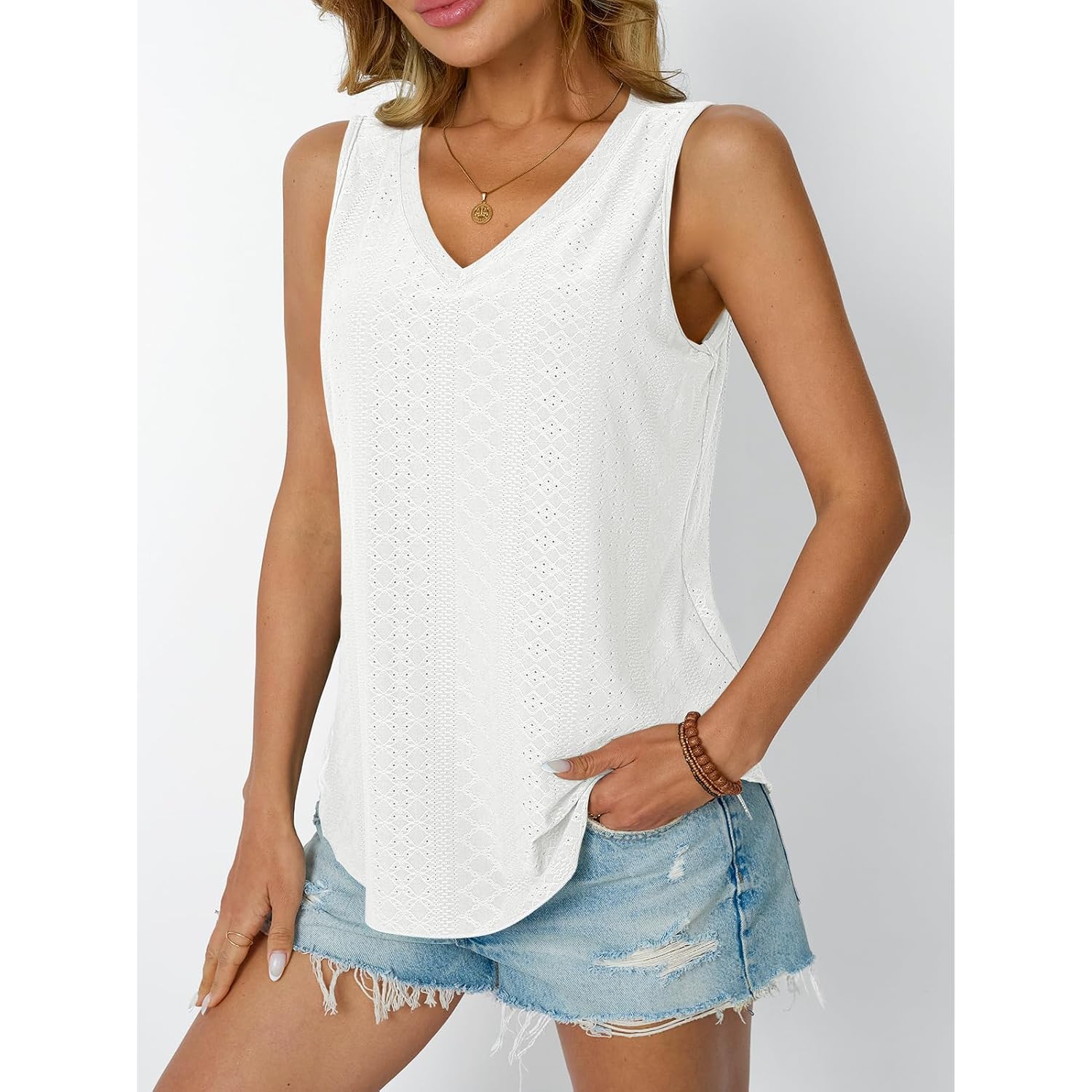 AUTOMET Women Summer Tank Top Eyelet Embroidery 2025 Vacation Sleeveless V Neck Loose Fit Shirt Spring Fashion Casual Clothes