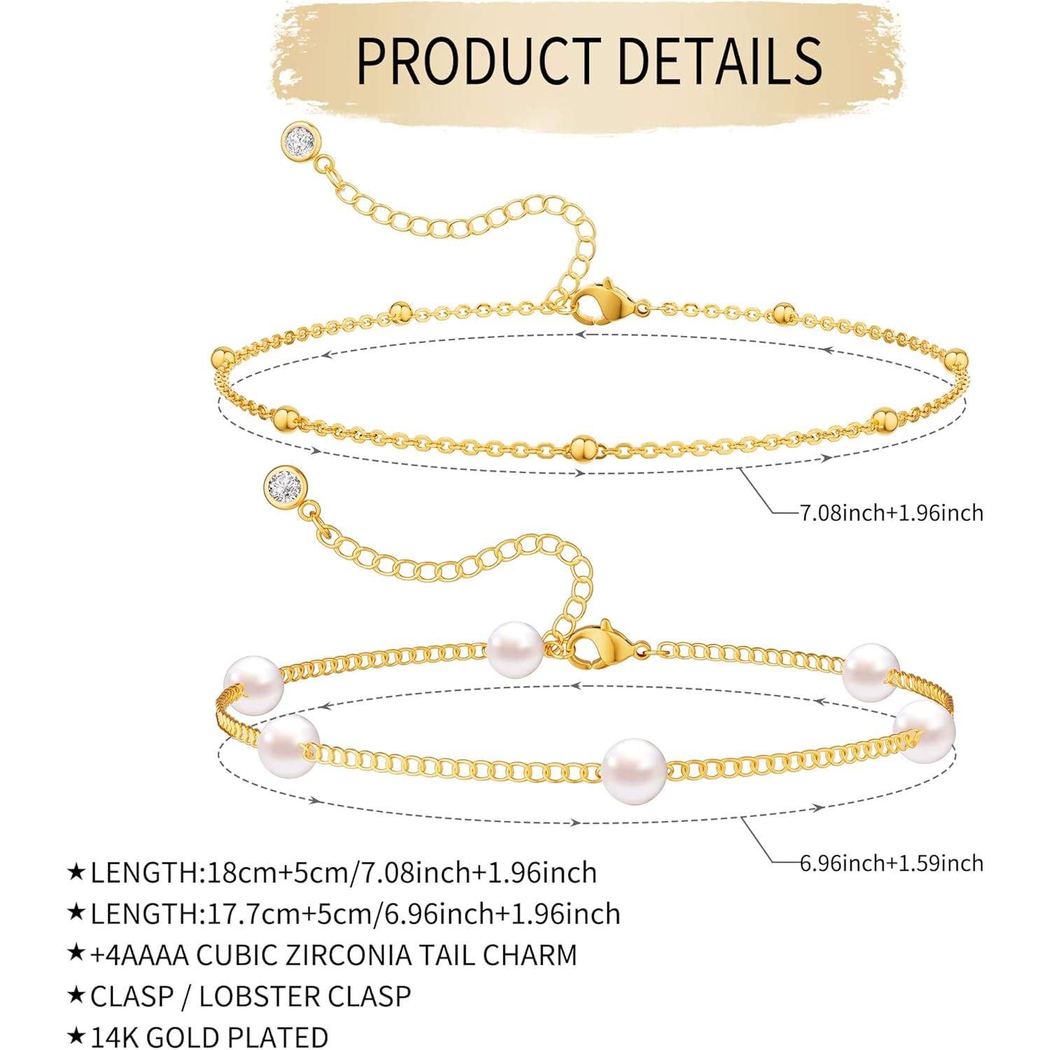 Gold Pearl Bracelets for Women,14K Gold Plated Bracelets Dainty Pearls Beaded Link Chain Charm Bracelets Set Layered Non Tarnish Tiny Jewelry for Women