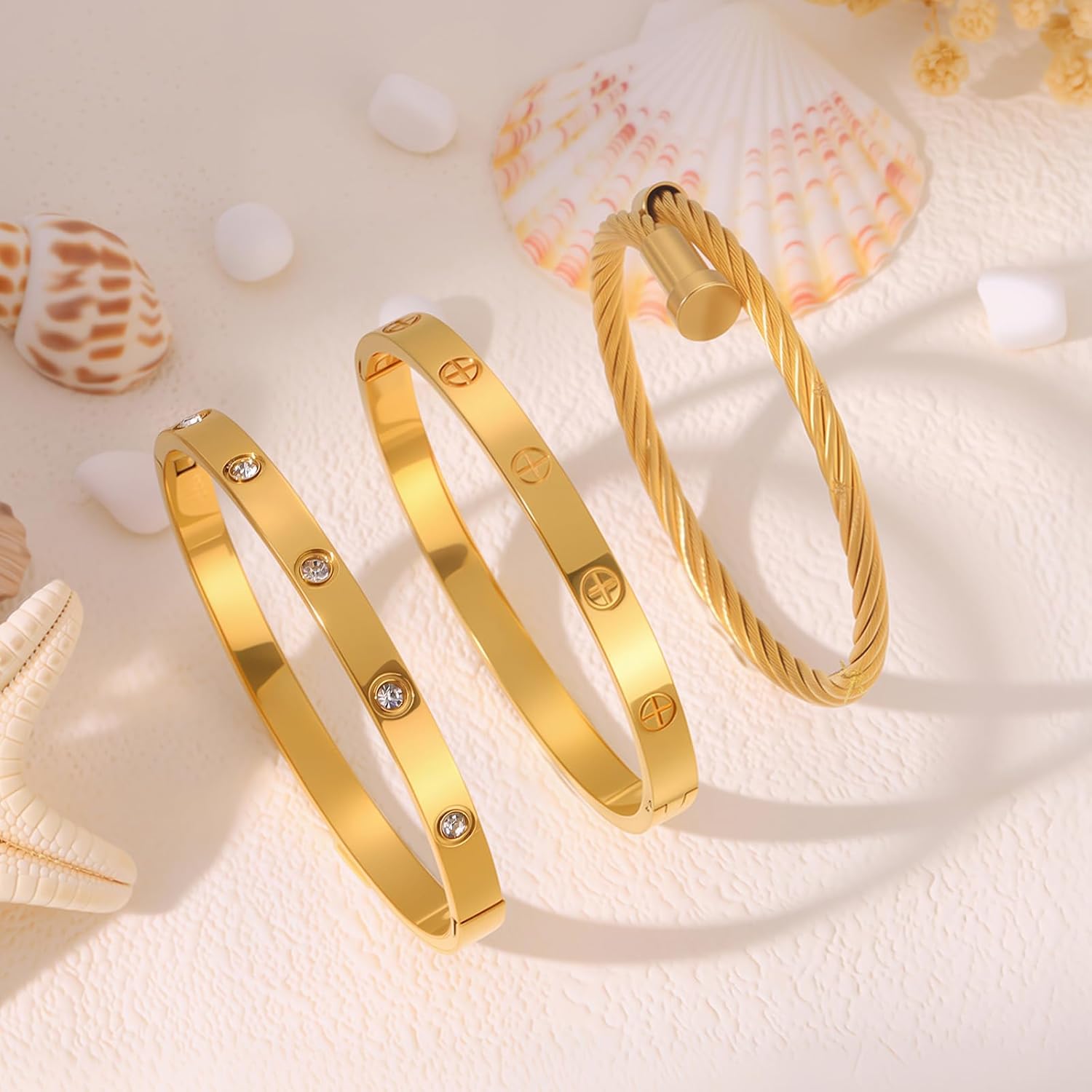 Gold Bracelets for Women - Stackable Bangles with Friendship & Love Theme - Stainless Steel Jewelry Gift for Her