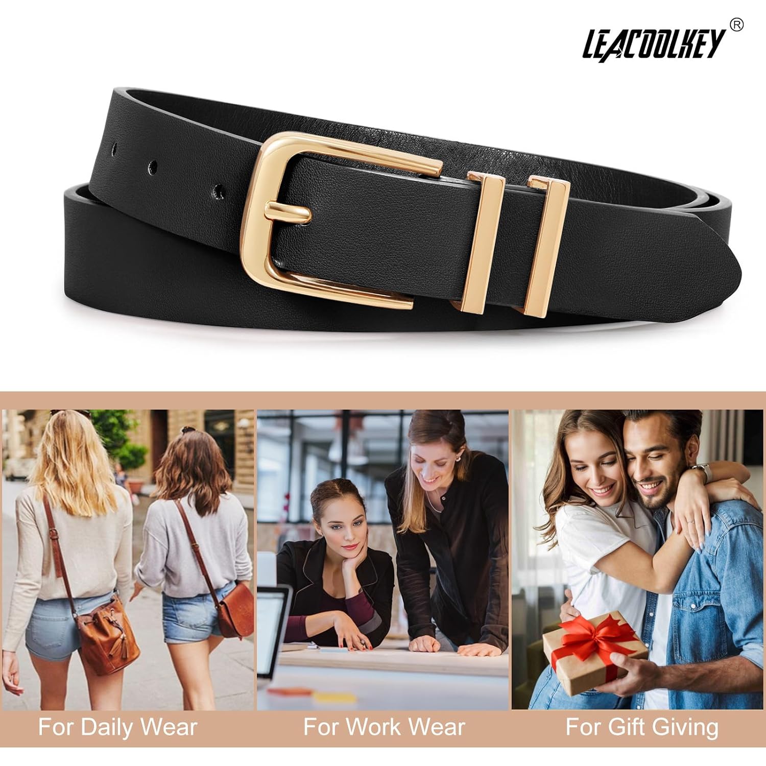 LEACOOLKEY 3 Pack Women's Leather Belts for Jeans Dress Pants Fashion Ladies Leather Belts with Gold Buckle