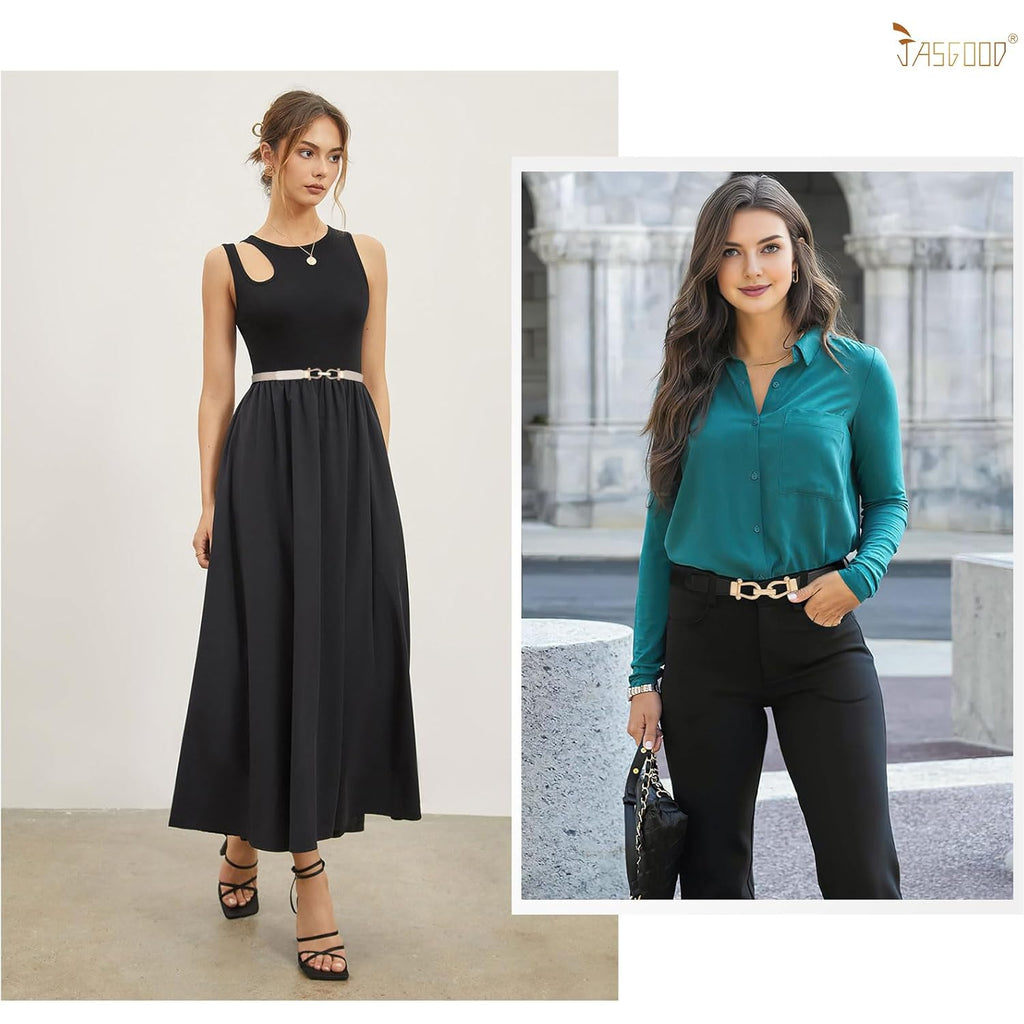 JASGOOD Women Skinny Elastic Belt for Dresses,Thin Retro Stretch Waist Belt with Golden Buckle