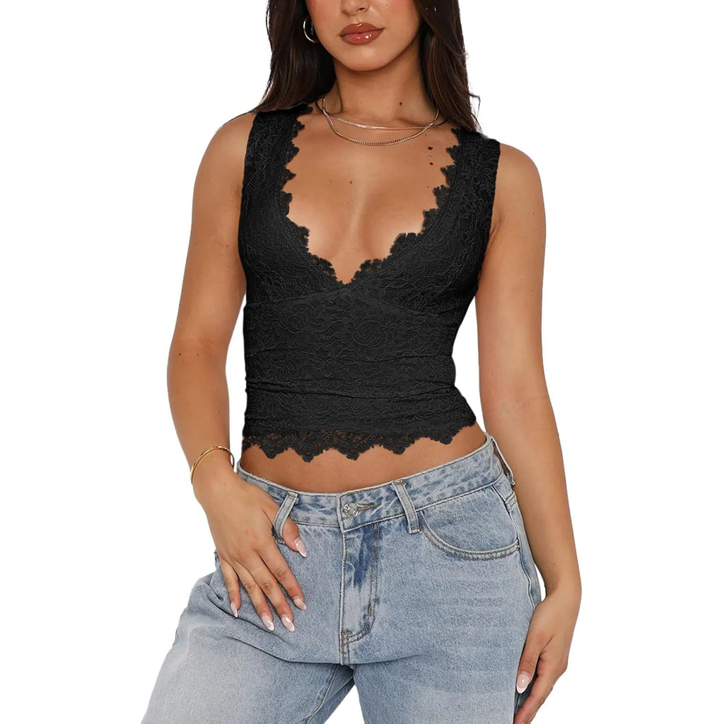 REORIA Womens Sexy V-Neck Sleeveless Double Lined Going Out Y2K Trendy Lace Cropped Tank Tops
