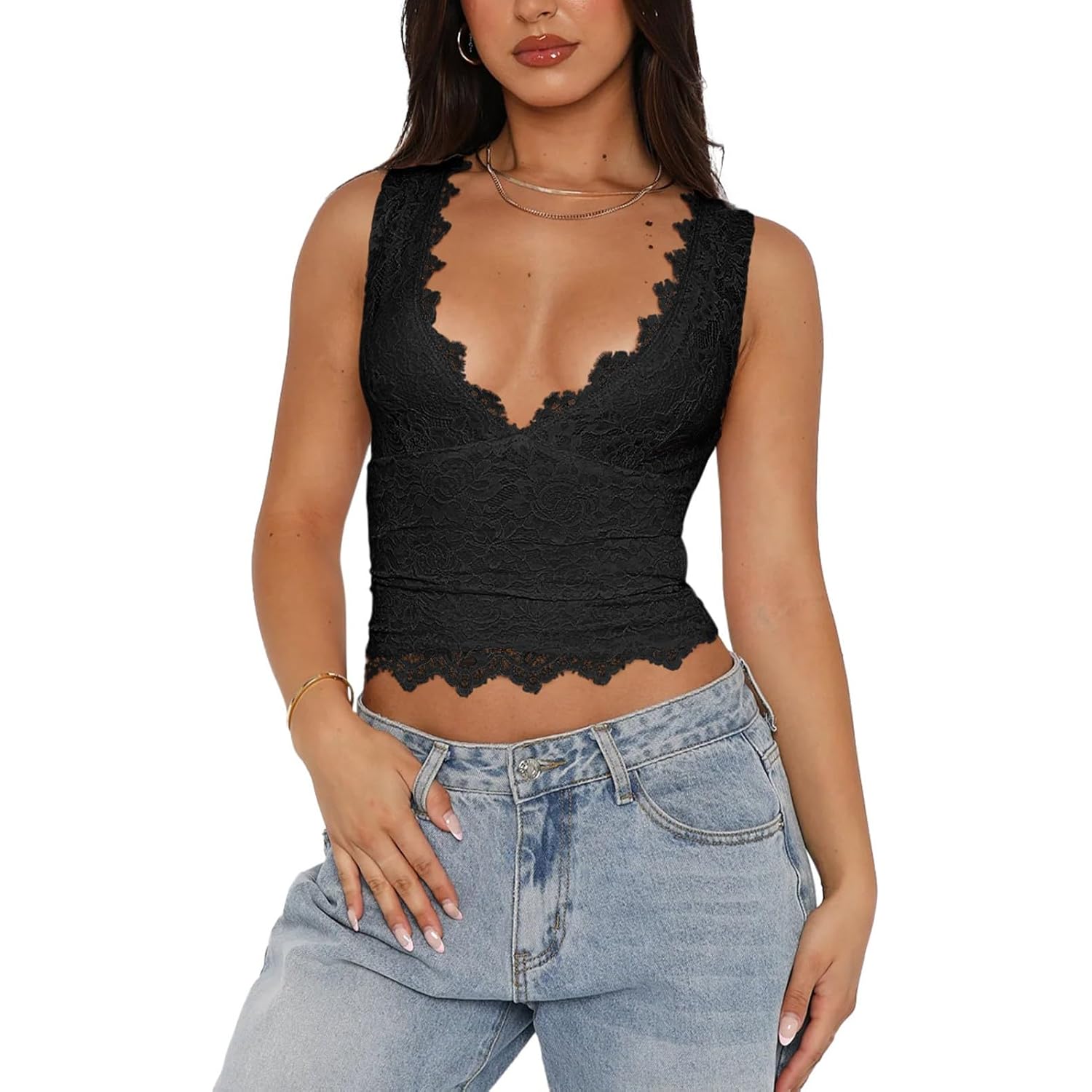 REORIA Womens Sexy V-Neck Sleeveless Double Lined Going Out Y2K Trendy Lace Cropped Tank Tops