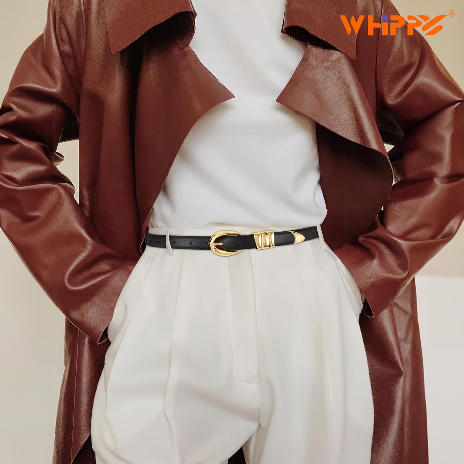 WHIPPY Women Skinny Leather Belt for Jeans Pants Dresses Ladies Fashion Waist Belt with Shiny Gold Buckle