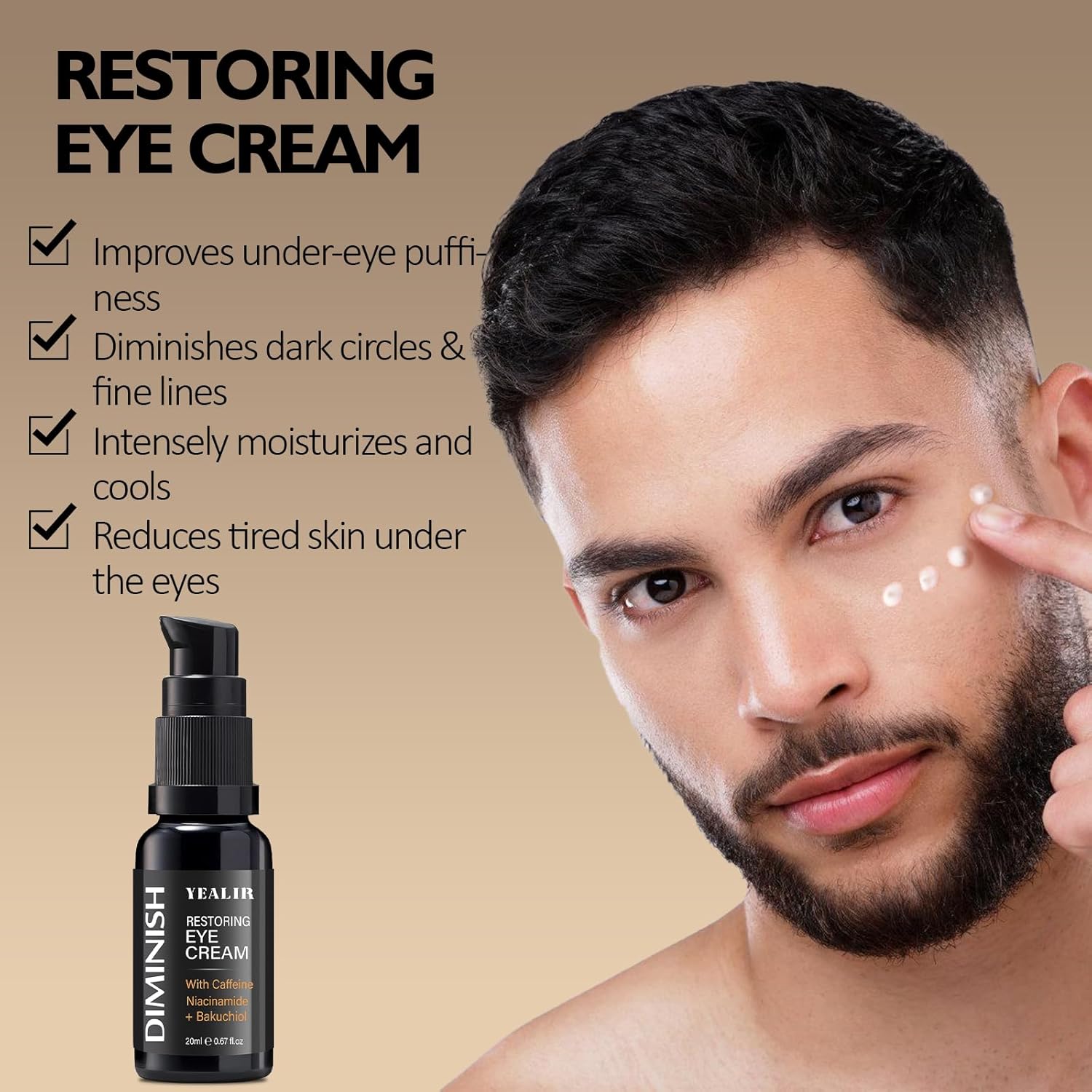 Mens Under Eye Cream for Eye Bags, Puffiness & Dark Circles with Caffeine, Bakuchiol & Niacinamide, Firms and Smooths Fine Lines, Eye Tightening, 0.67 fl oz