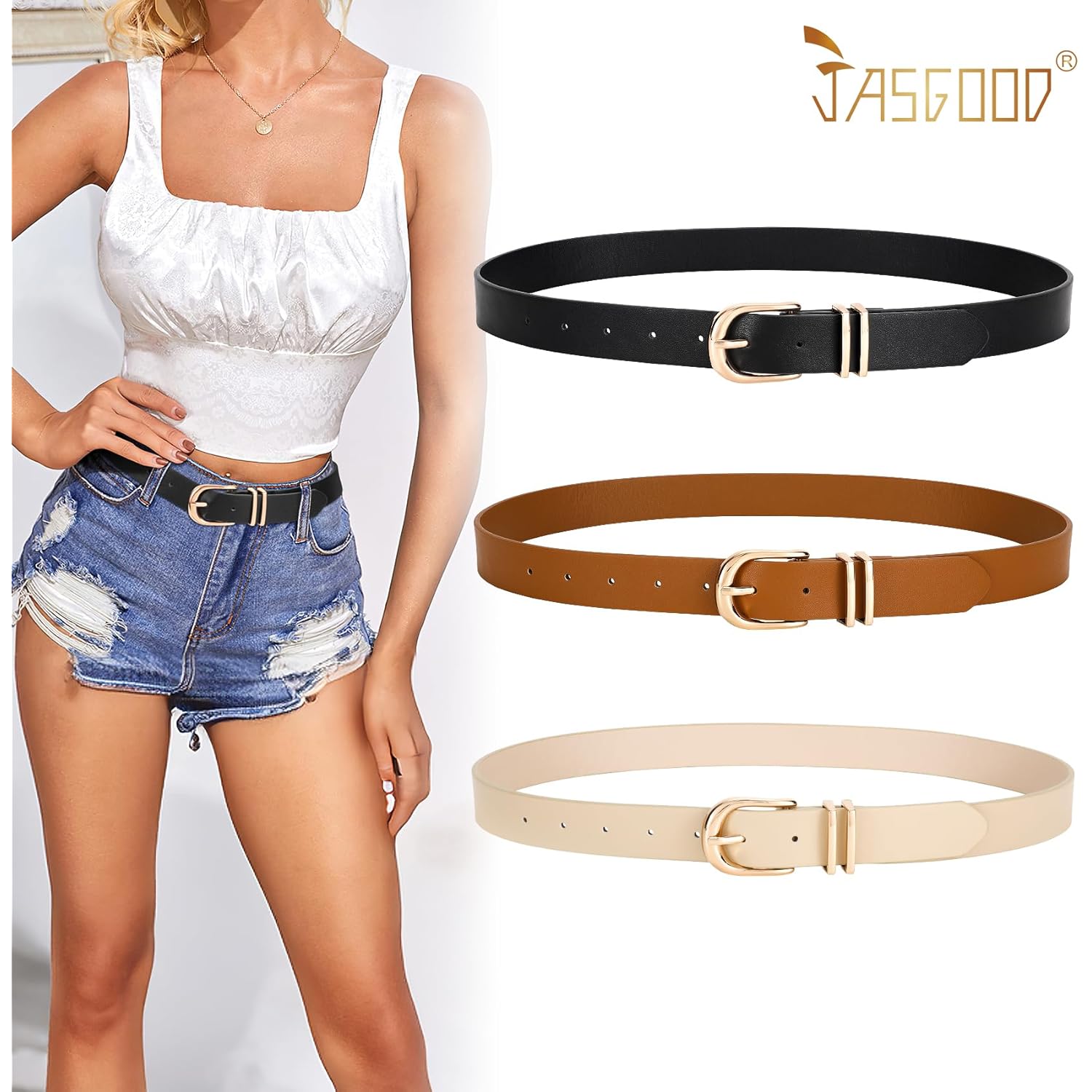 JASGOOD 3 Pack Women Leather Belts For Jeans Dresses Pants Ladies Faux Leather Waist Belt with Gold Buckle