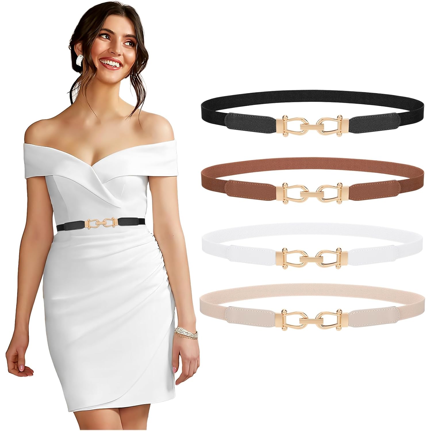 4 Pack Skinny Elastic Belts for Women Gold Buckle Thin Stretchy Waist Belts for Dresses