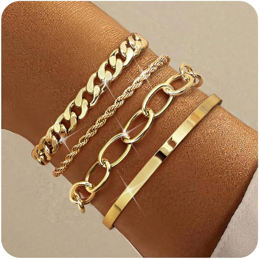 TEN MIRO 16k Chunky Gold Bracelets for Women Non Tarnish, Womens Gold Bracelet Stack Layered Chunky Chain Bracelets Waterproof Link Cuff Herringbone Bracelet Mothers' Day Jewelry Gifts