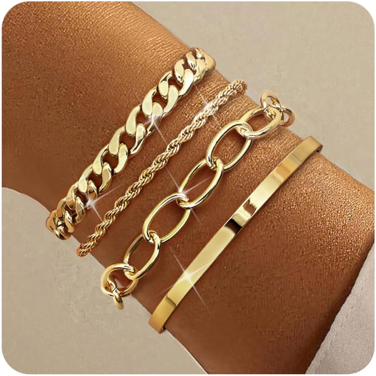 TEN MIRO 16k Chunky Gold Bracelets for Women Non Tarnish, Womens Gold Bracelet Stack Layered Chunky Chain Bracelets Waterproof Link Cuff Herringbone Bracelet Mothers' Day Jewelry Gifts
