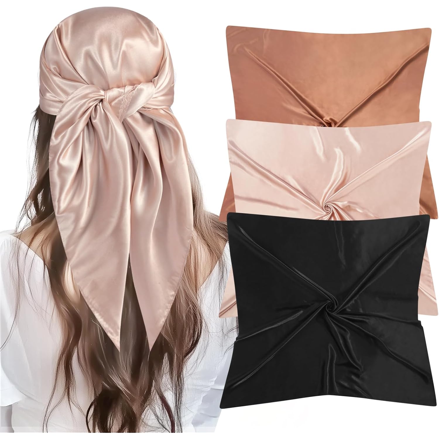 35” Large Square Satin Head Scarf - 3Pcs Silk Like Head Scarves Silk Bandana Satin Hair Scarf Head Wraps For Women