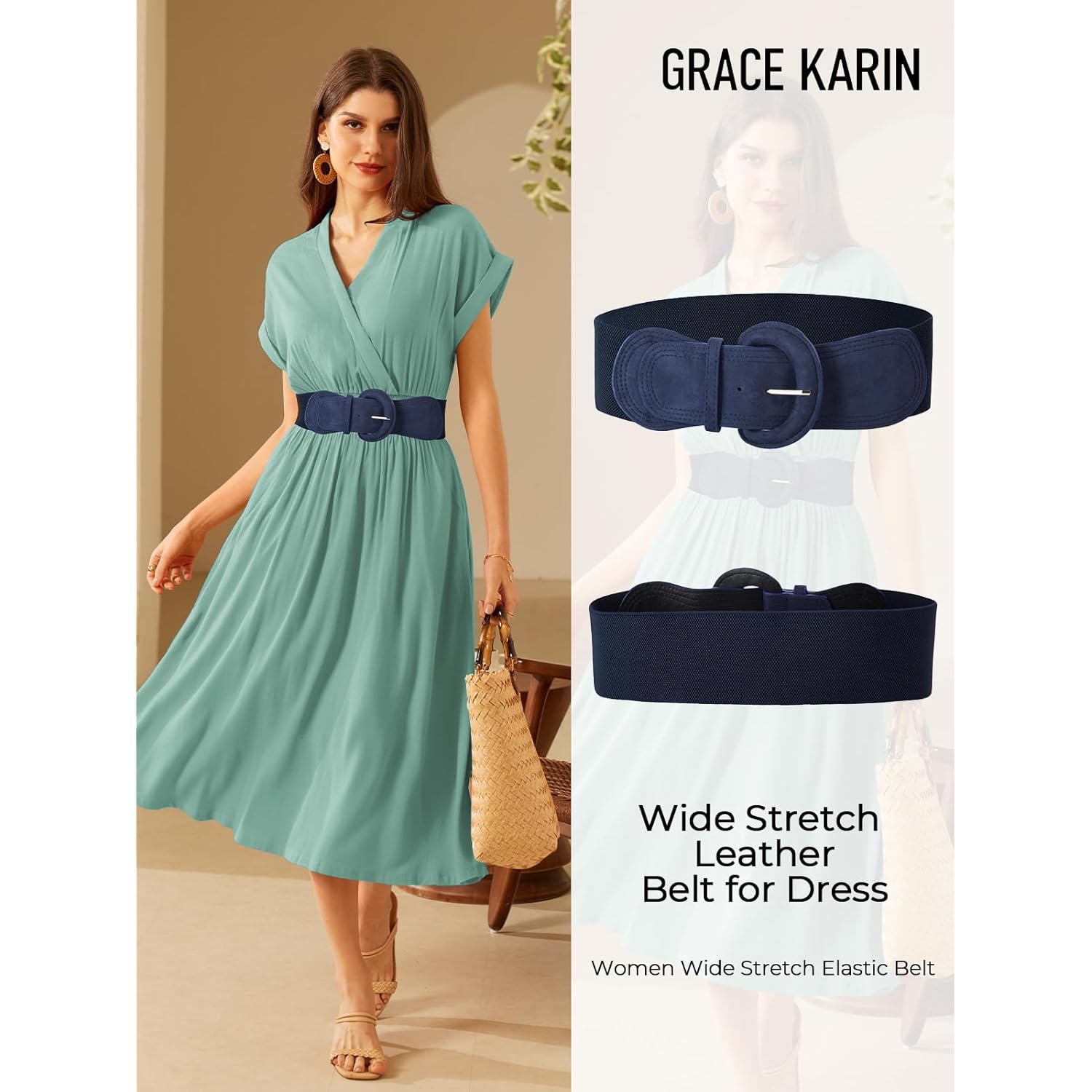 GRACE KARIN Women's Suede Elastic Belt Wide Stretchy Belt Vintage Chunky Buckle Belts S-XXL