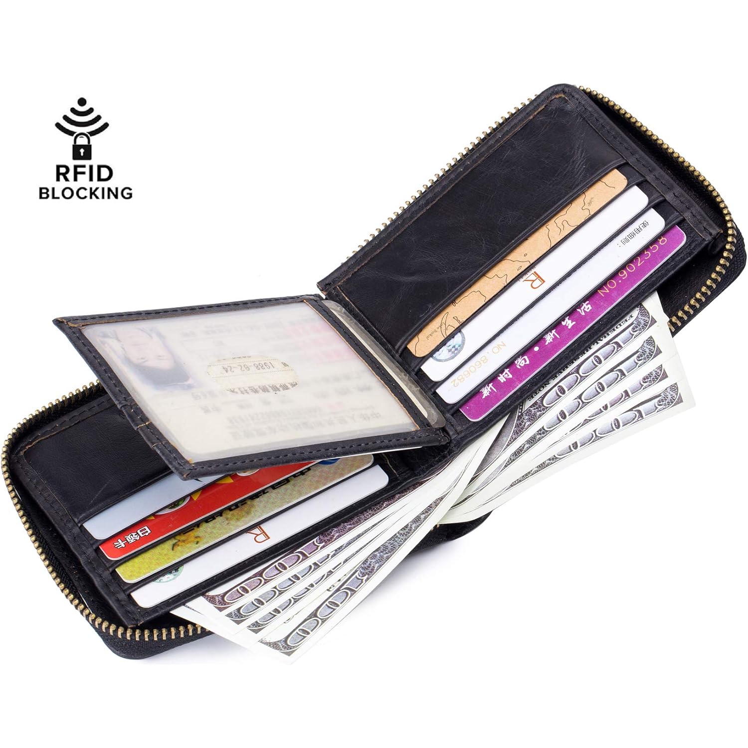 BULLCAPTAIN Mens Genuine Leather Zipper Wallet RFID Blocking Bifold Secure Zip Around Wallets Multi Credit Card Holder Purse (black)