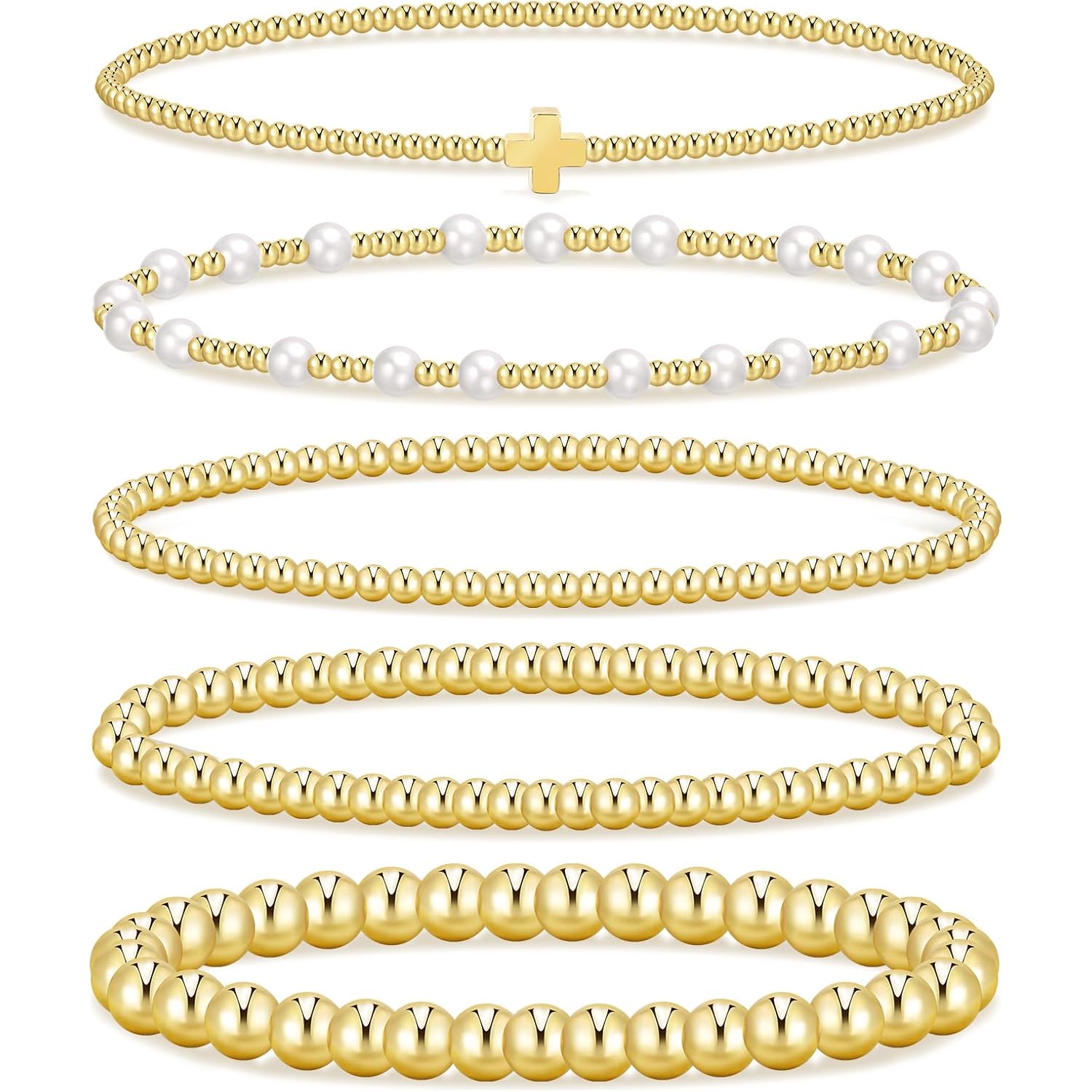 Gold Beaded Bracelets for Women, 14K Real Gold Plated Jewelry for Women Dainty Pearl Bead Bracelets Stack, Non Tarnish Trendy Stackable Ball Cross Stretch Bracelet Set Fashion Accessories Gifts for Women