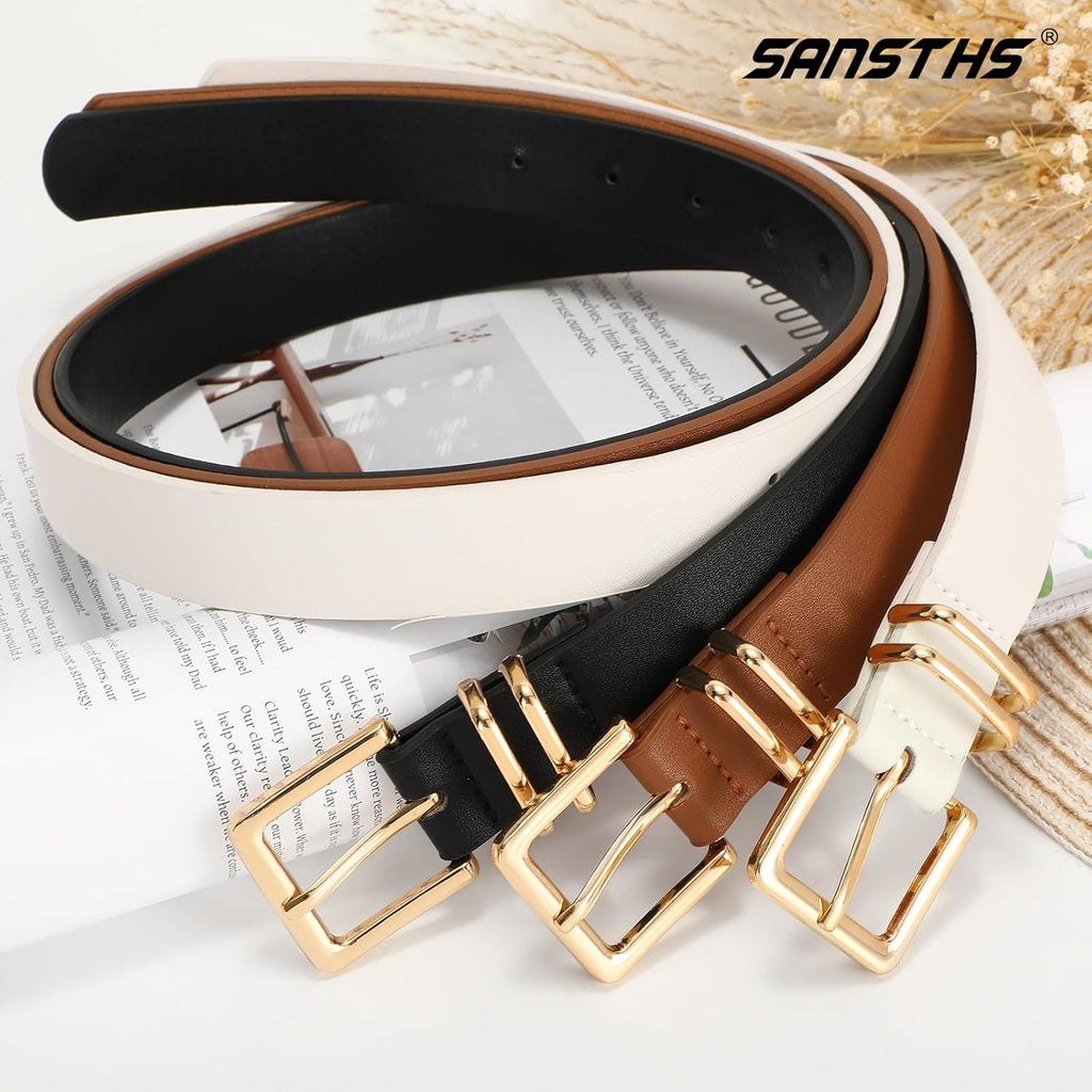 3 PACK Women Leather Belts for Jeans Pants Dresses Fashion Ladies Waist Belt with Gold Square Buckle