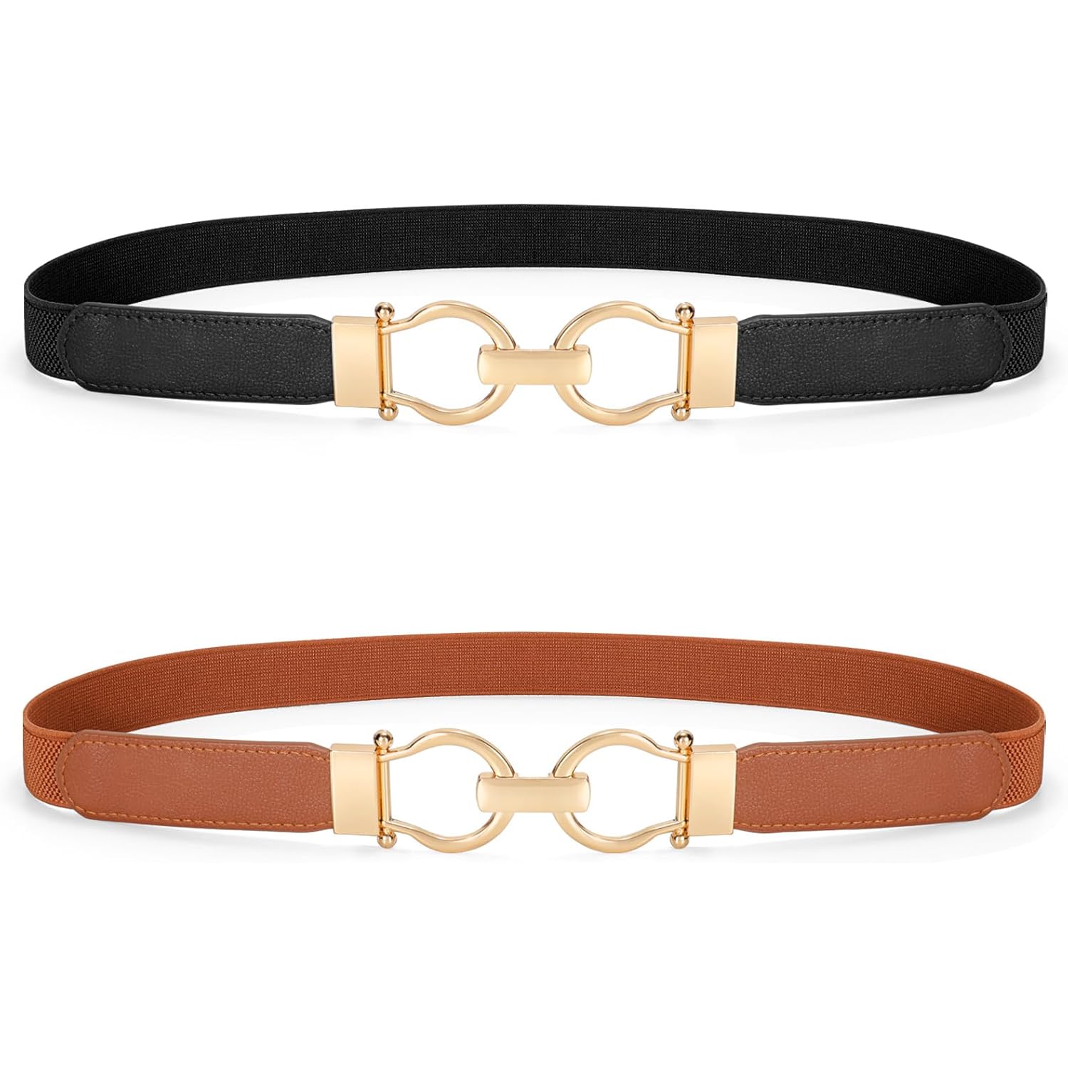 WHIPPY 2 Pack Skinny Elastic Belts for Women Thin Stretchy Waist Belt for Dresses with Gold Buckle