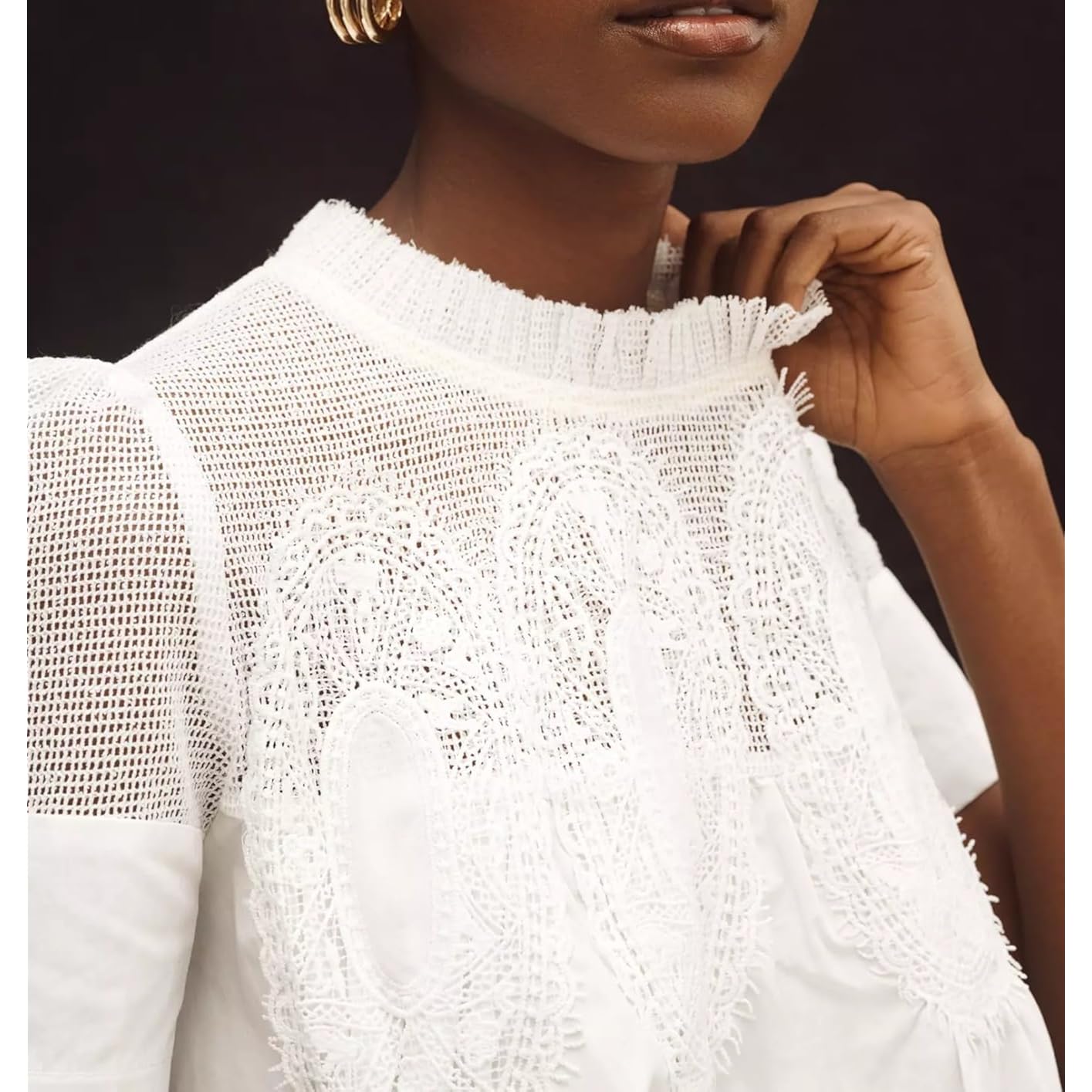 VAOYIU Women Lace-Detail Flared Blouse Short-Sleeve Crew Neck Lace Poplin Mesh Swing Top Elegant Loose Intricate Back Design