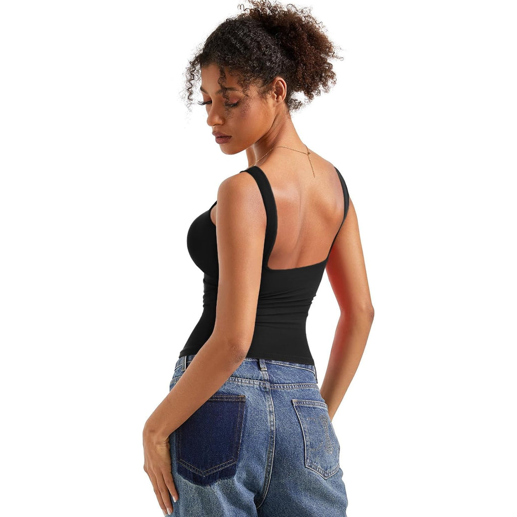 SUUKSESS Women Padded Open Back Boat Neck Tank Tops Double Lined Basic Shirts
