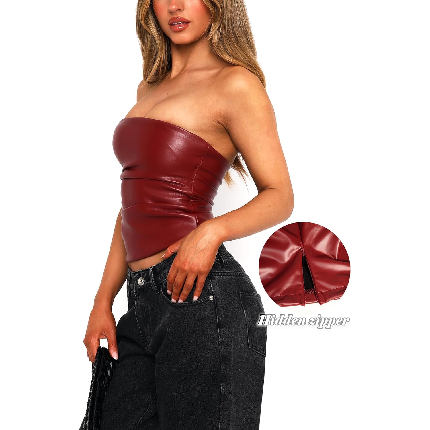 PU Faux Leather Tube Top Strapless Going Out Tops for Women Sexy Club Top Rave Concert Outfit Ruched Bandeau Crop Top