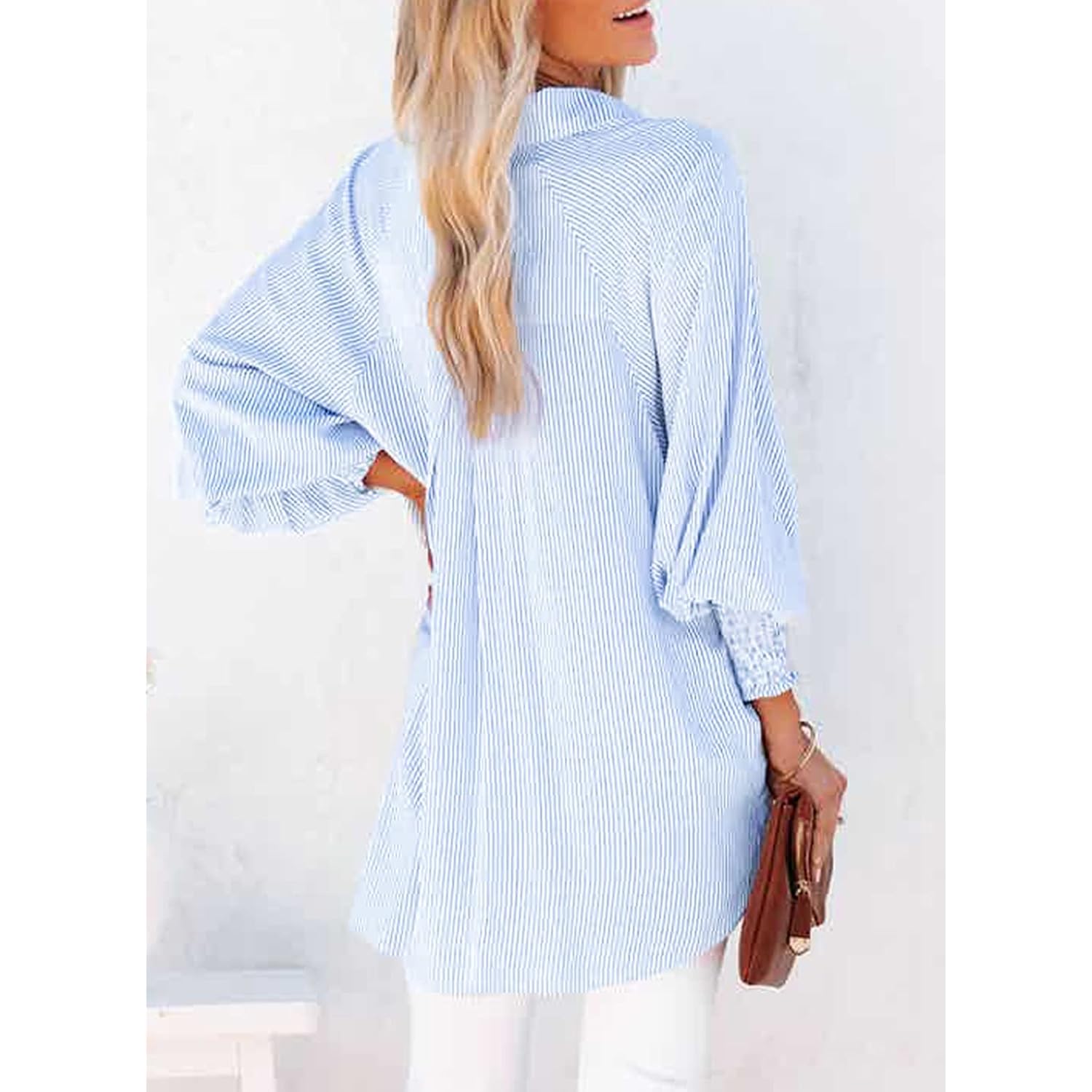 Womens Smocked Cuffed Striped Boyfriend Shirt Casual Collar Long Sleeve Oversized Button Down Blouse Tops with Pocket Shirred