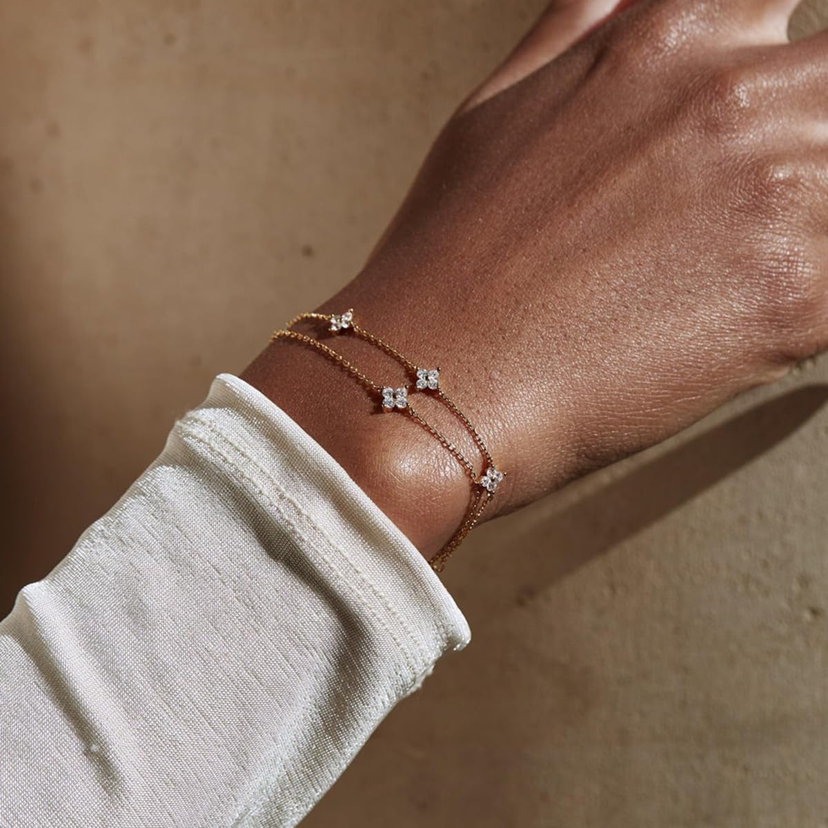 Bracelets for Women 14K Gold Silver Plated Ring Bracelet Hand Chain Dainty Evil Eye Heart Clover Daisy Cubic Zirconia Stackable Link Chain Hypoallergenic Body Jewelry Cute Trendy Gifts