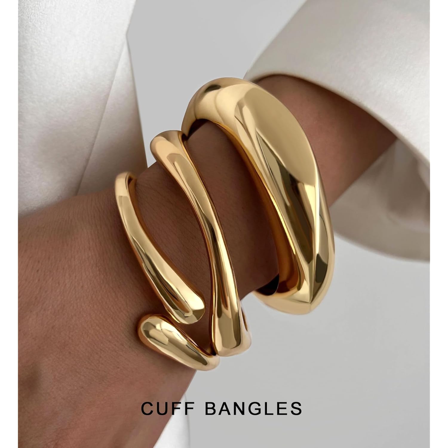 Chunky Gold Bangle Bracelets for Women, Dainty 14k Gold Plated Big Stackable Bangles Set, Trendy Cuff Bracelet Stack Fashion Jewelry Gifts