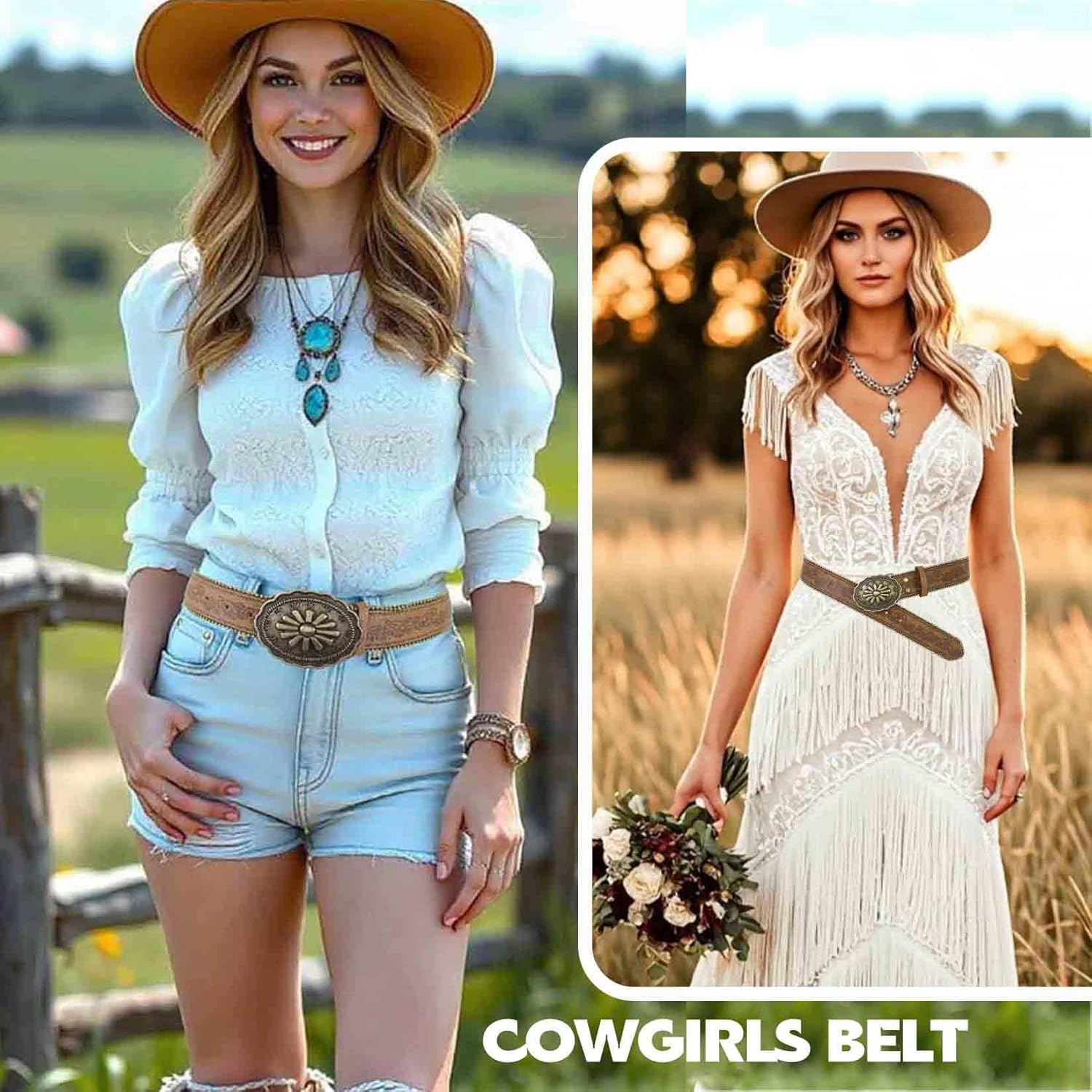 Yalice Brown Western Belt for Women Cowgirls Leather Belts for Jeans Pant Men Cowboys Country Belt with Vintage Buckle