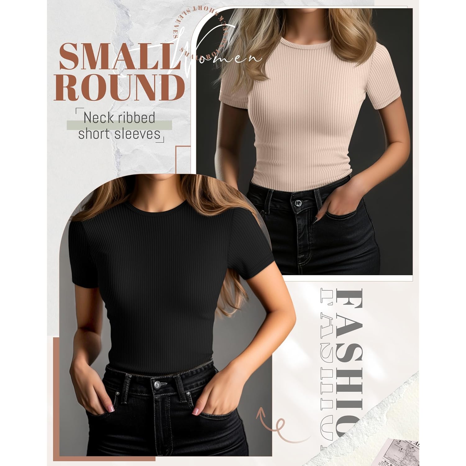 Ficerd 3 Pack Women's Ribbed T-Shirts, Cotton Short Sleeve Basic Tees Crewneck Fitted Tops Casual Shirts 2025 Summer Trendy