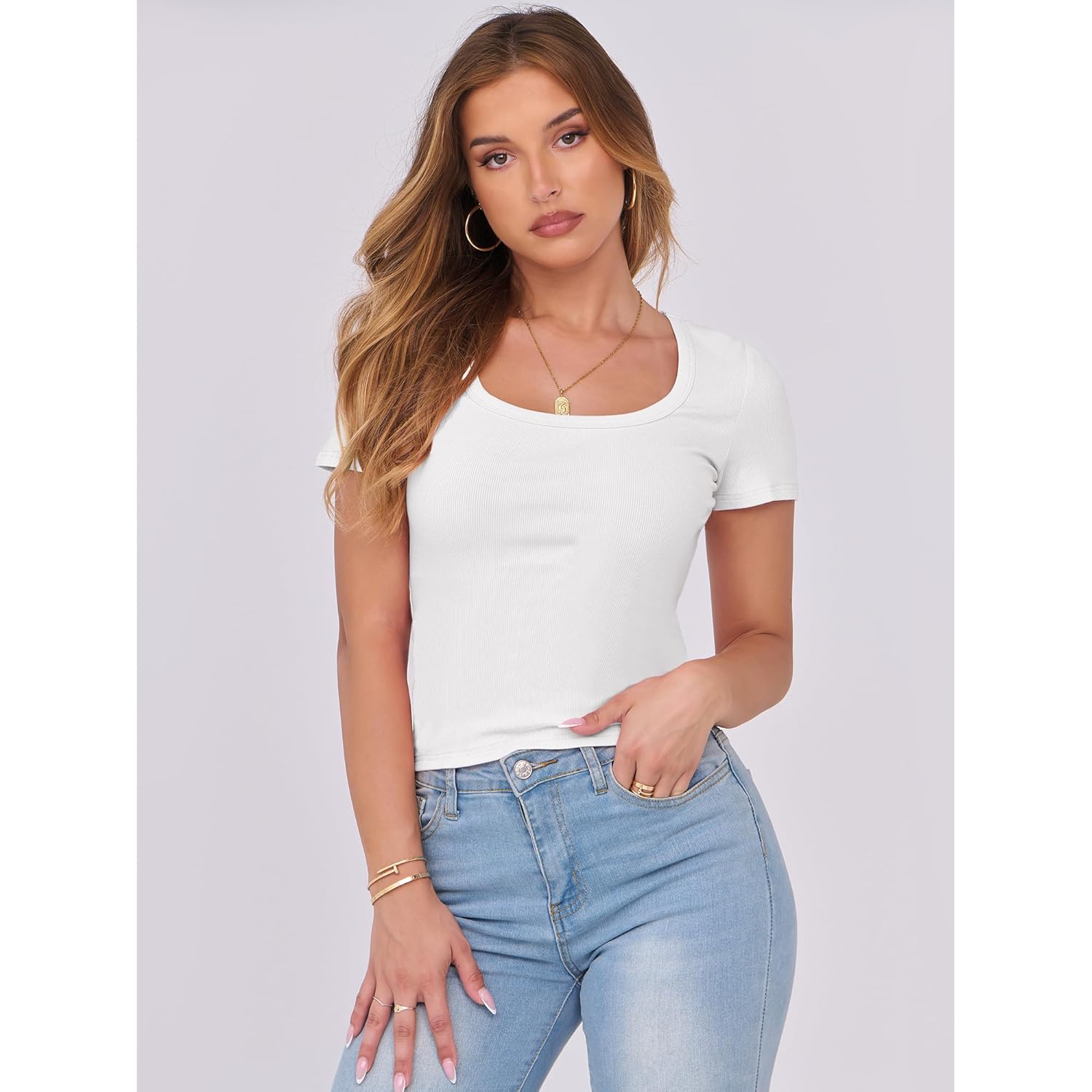 ANRABESS Women Short Sleeve Tops Scoop Neck Ribbed Knit Slim Fitted Basic Tee Shirts 2025 Casual Summer Trendy Clothes