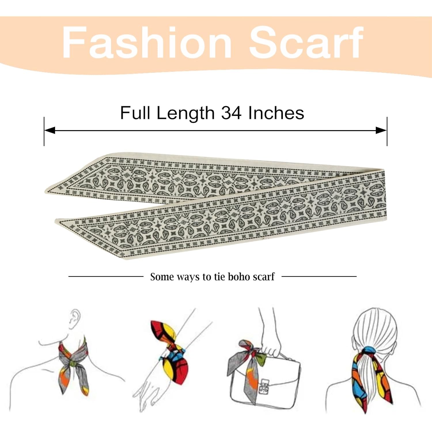 4Pcs Fashion Scarves for Women, Multifunctional Boho Scarves Headbands Satin Scarf for Bag Hair Accessories
