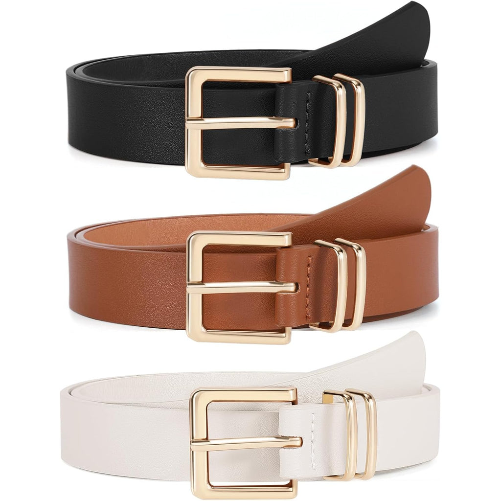 3 PACK Women Leather Belts for Jeans Pants Dresses Fashion Ladies Waist Belt with Gold Square Buckle