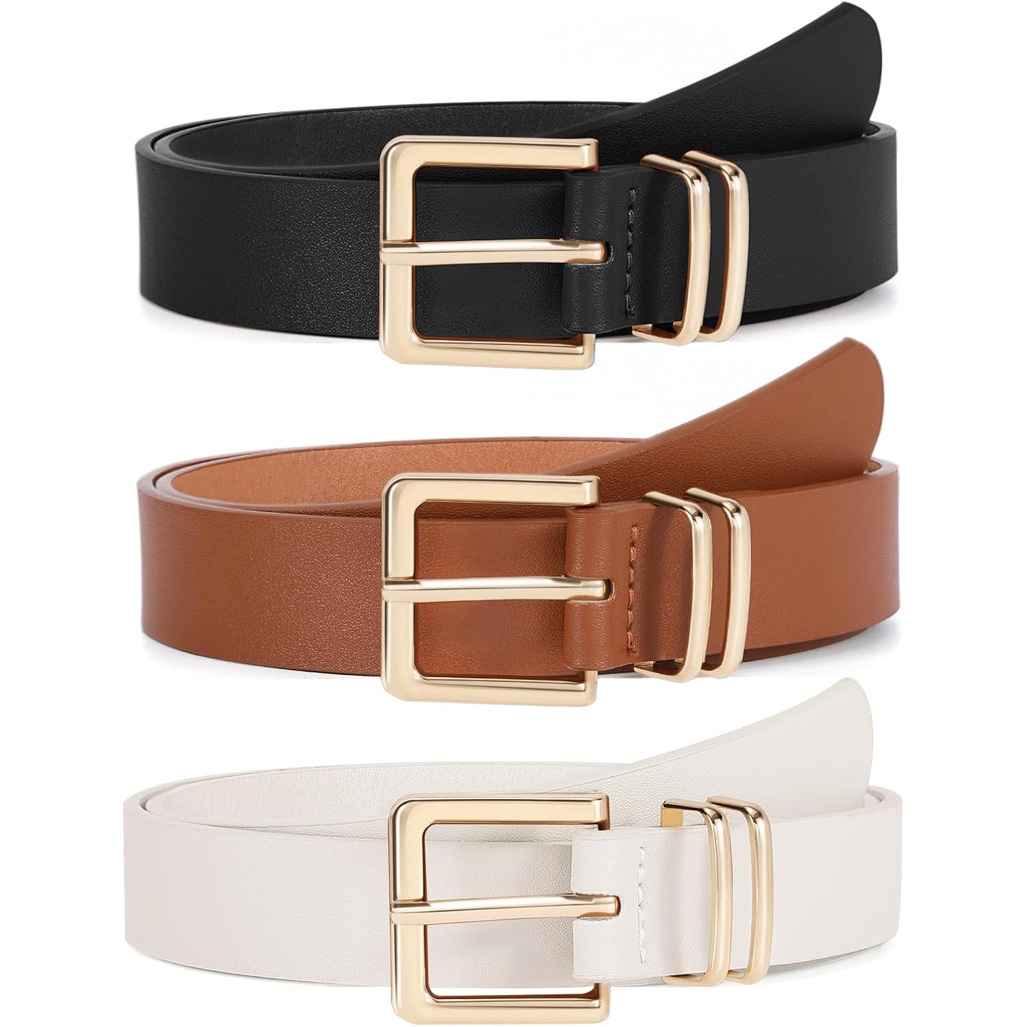 3 PACK Women Leather Belts for Jeans Pants Dresses Fashion Ladies Waist Belt with Gold Square Buckle